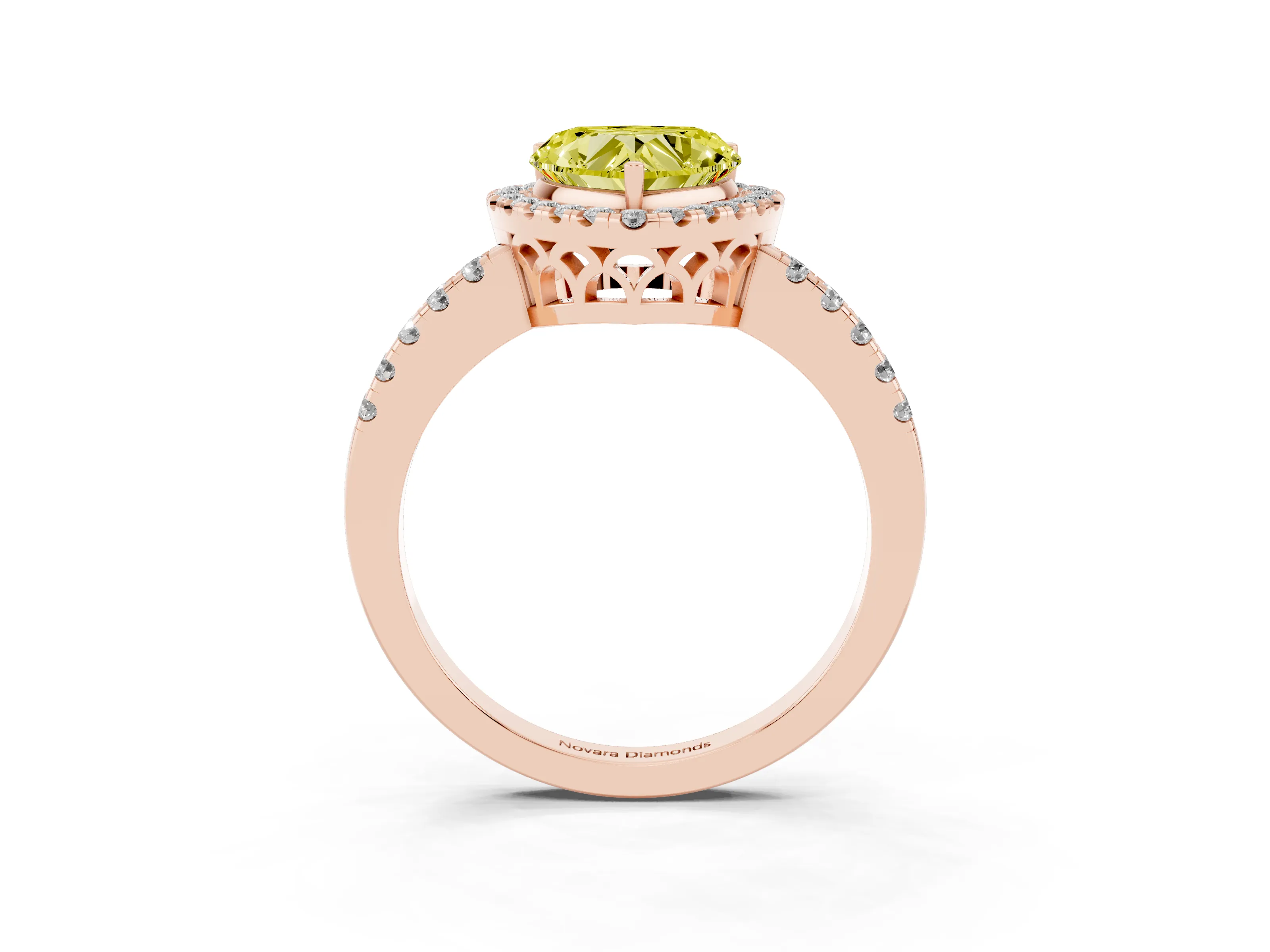 Fancy Yellow Heart Cut Diamond Pavé Band Halo Engagement Ring Set in Rose gold with Prong Setting