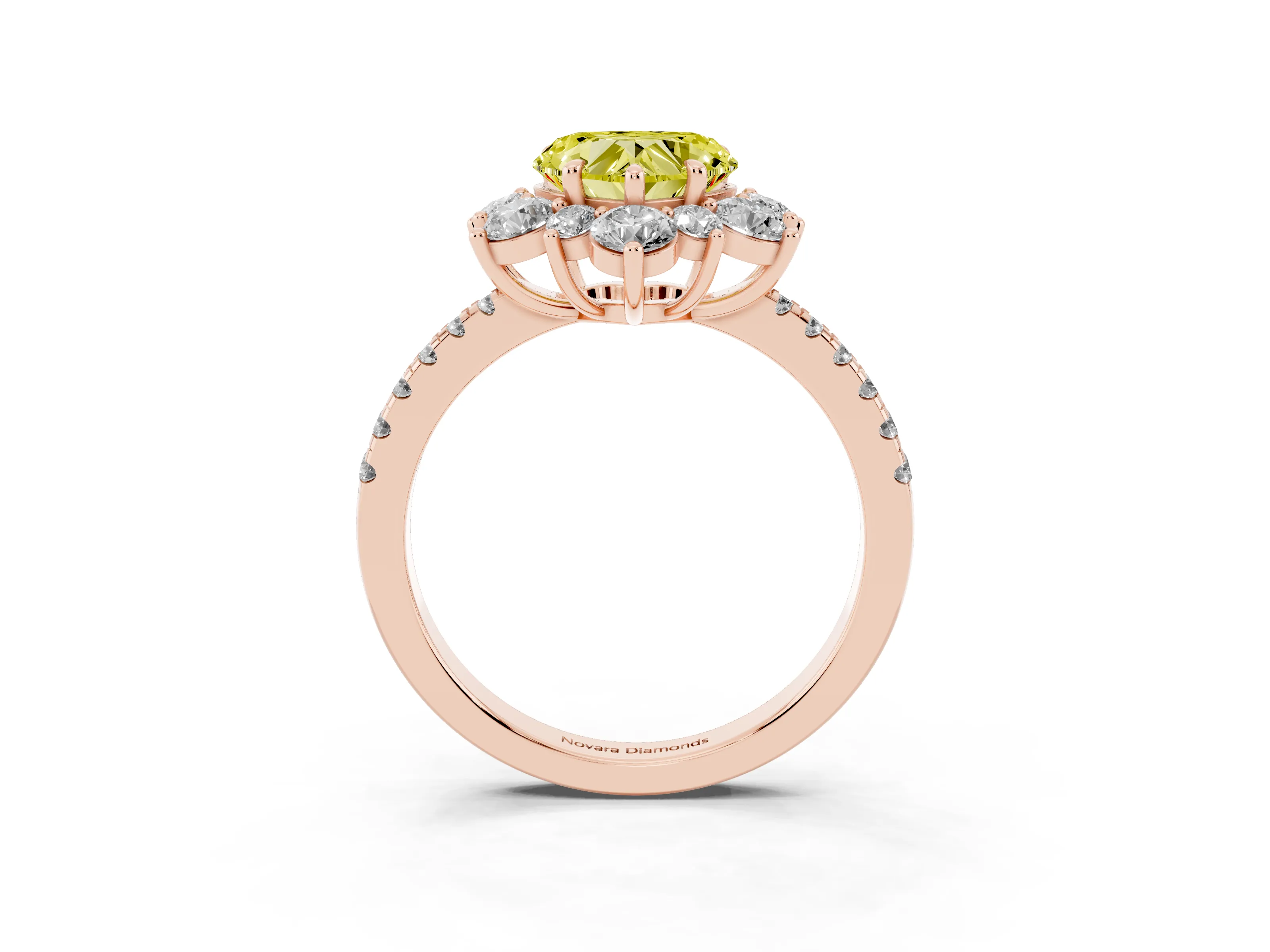 Fancy Yellow Heart Cut Diamond Floral Halo Ring Set in Rose gold with Round Pavé Band and Prong Setting
