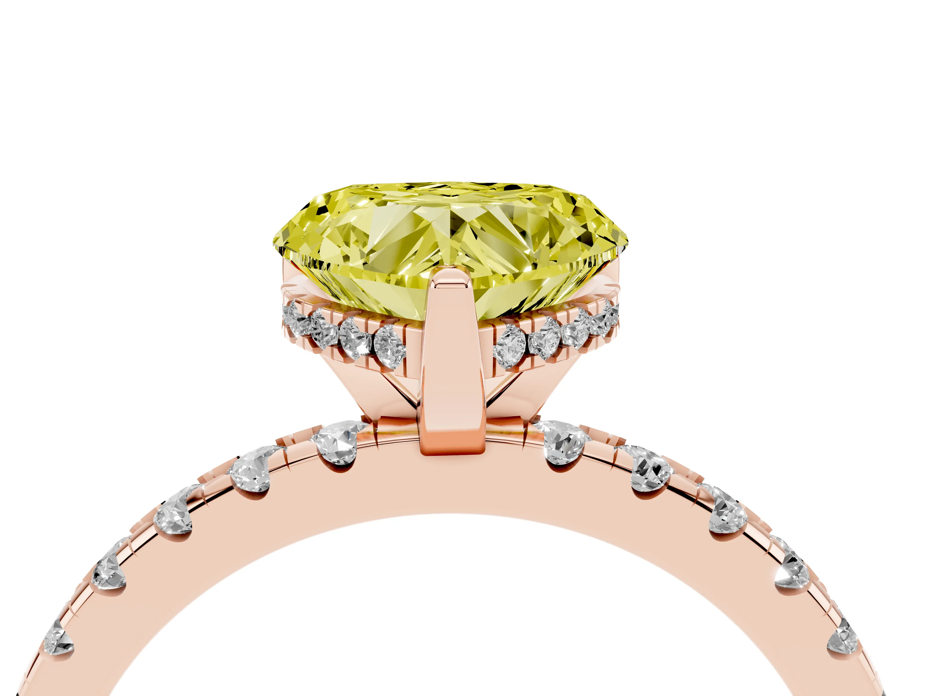 Fancy Yellow Heart Cut Diamond Pavé Solitaire Ring Set in Rose gold with Round Band Accents and Prong Setting