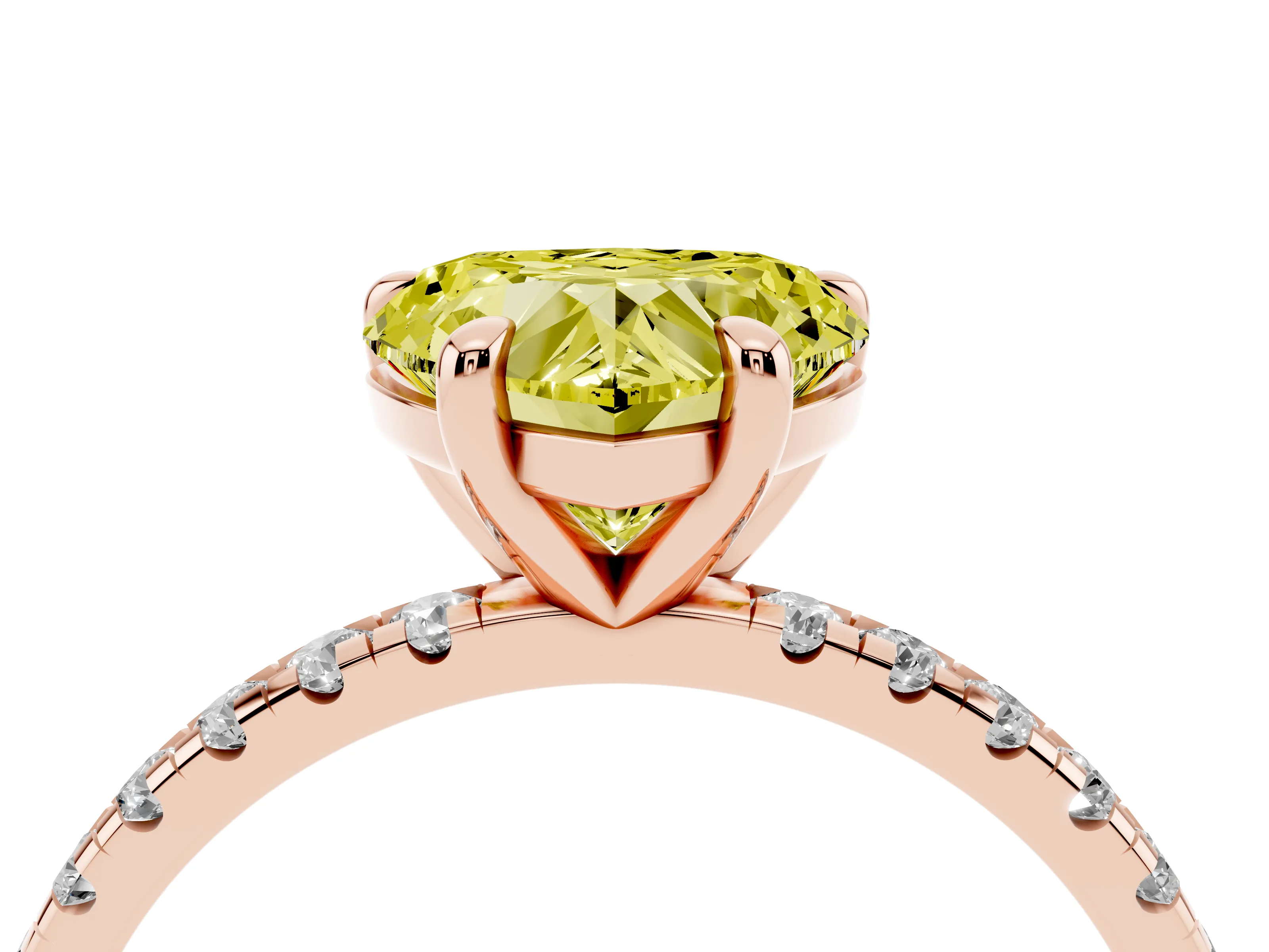 Fancy Yellow Heart Cut Diamond Brilliant Solitaire Ring Set in Rose gold with Pavé Band and Prong Setting