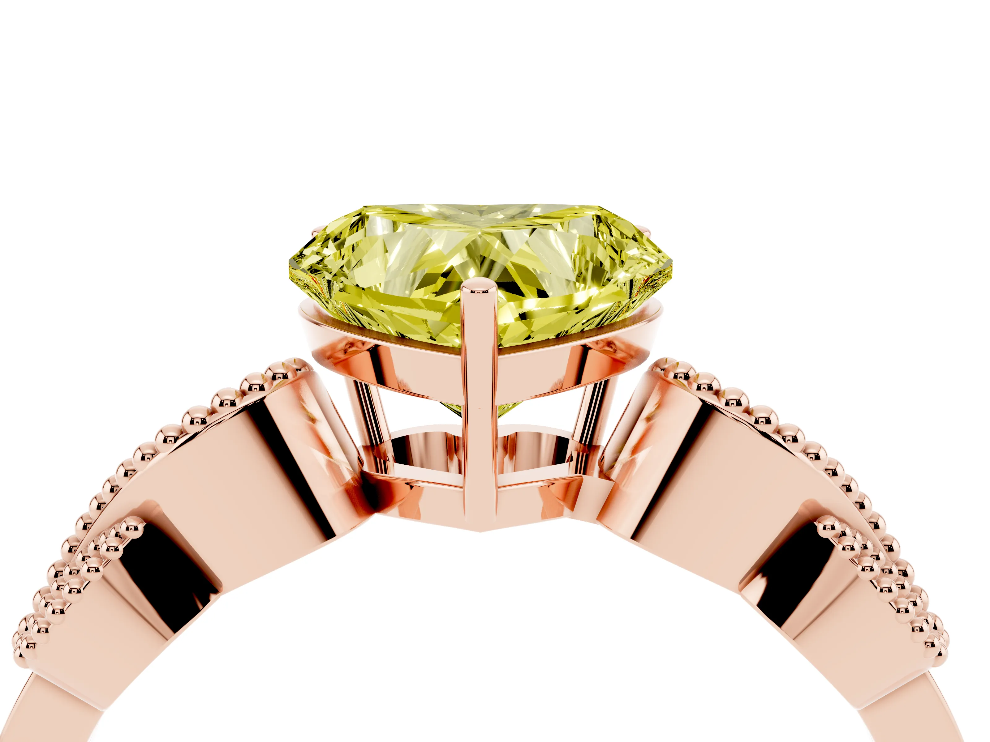 Fancy Yellow Heart Cut Diamond Milgrain Leaf Band Solitaire Ring Set in Rose gold with Accent Stones and Prong Setting