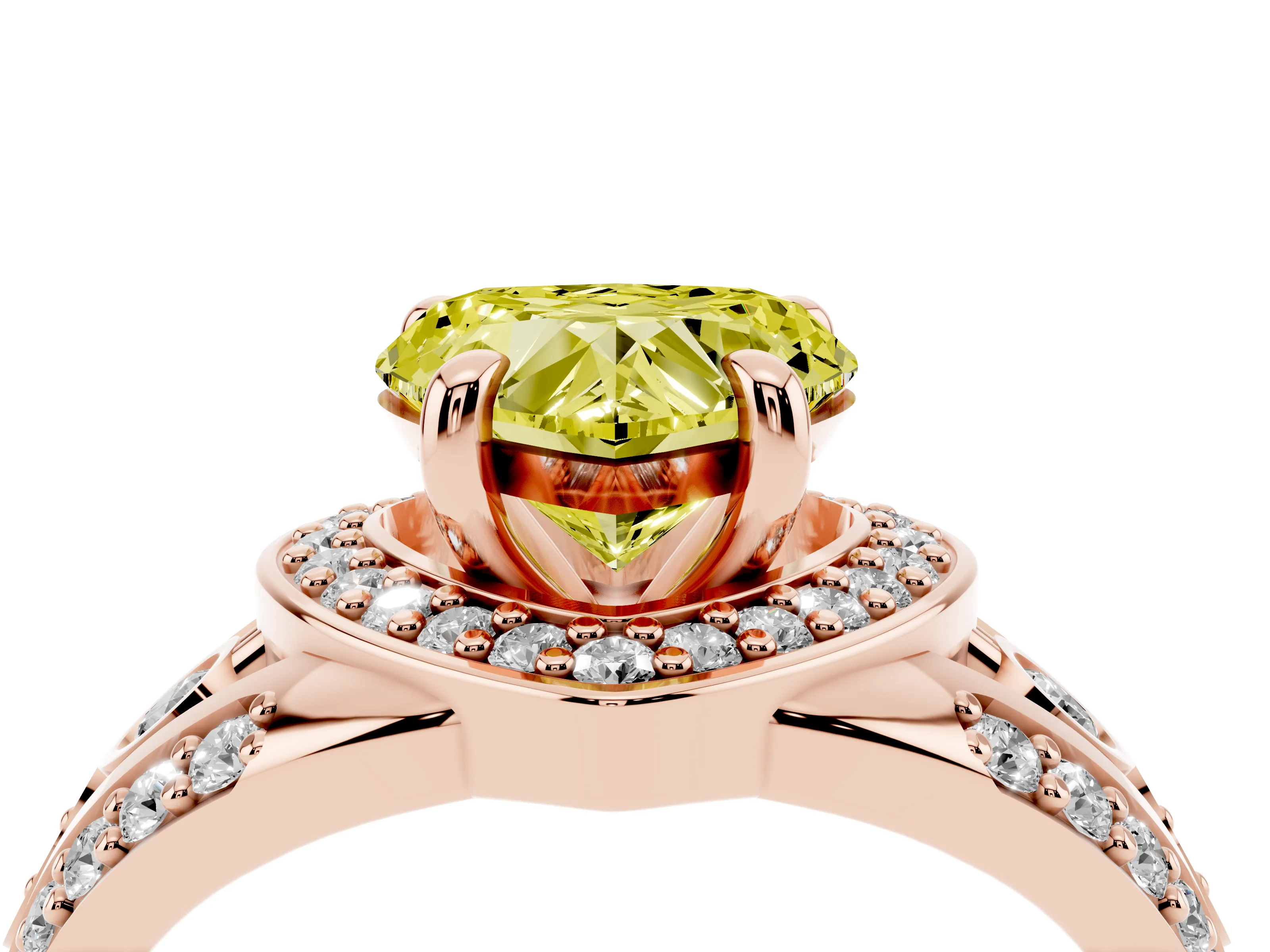 Fancy Yellow Heart Cut Diamond Halo Ring Set in Rose gold with Pavé Split Shank and Bezel Accents