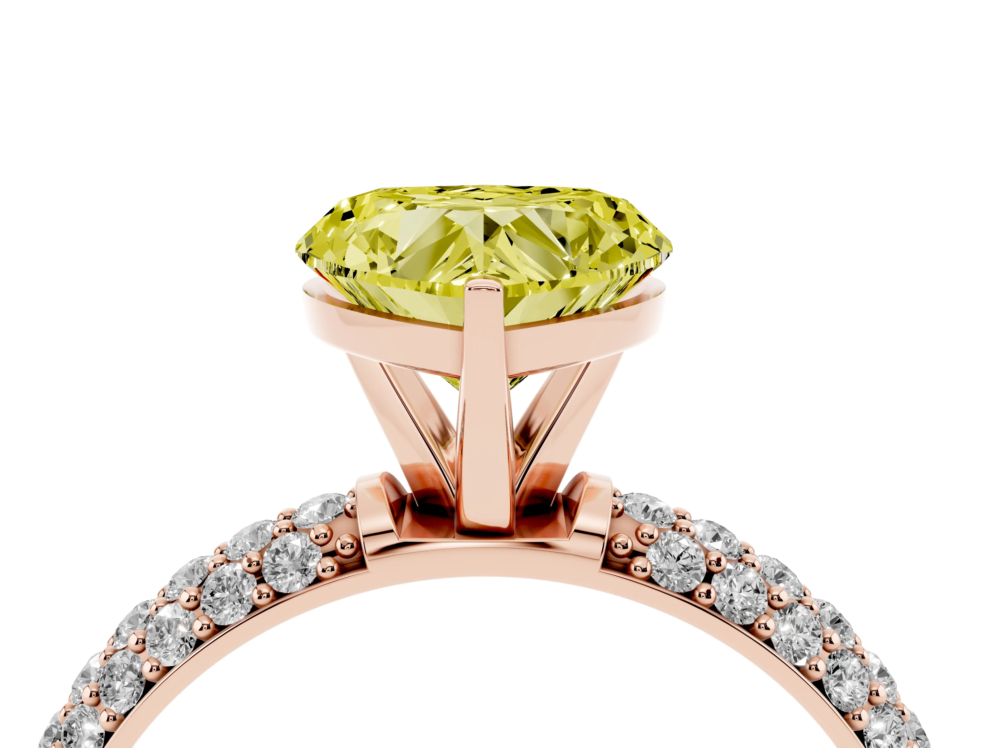 Fancy Yellow Heart Cut Diamond Solitaire Ring Set in Rose gold with Prong Setting and Pavé-Set Band