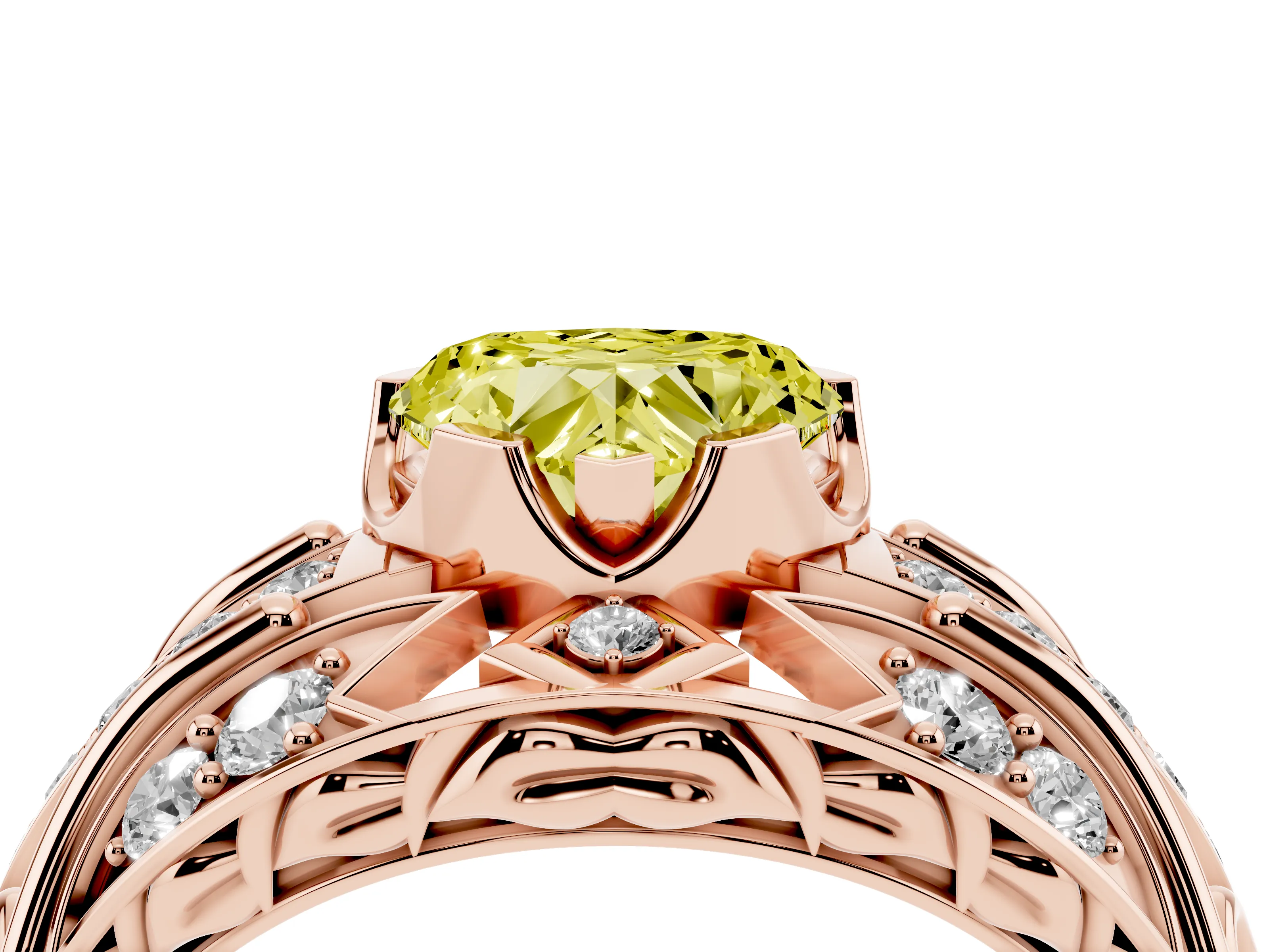 Fancy Yellow Heart Cut Diamond Art Deco Ring Set in Rose gold with Pavé Split Shank