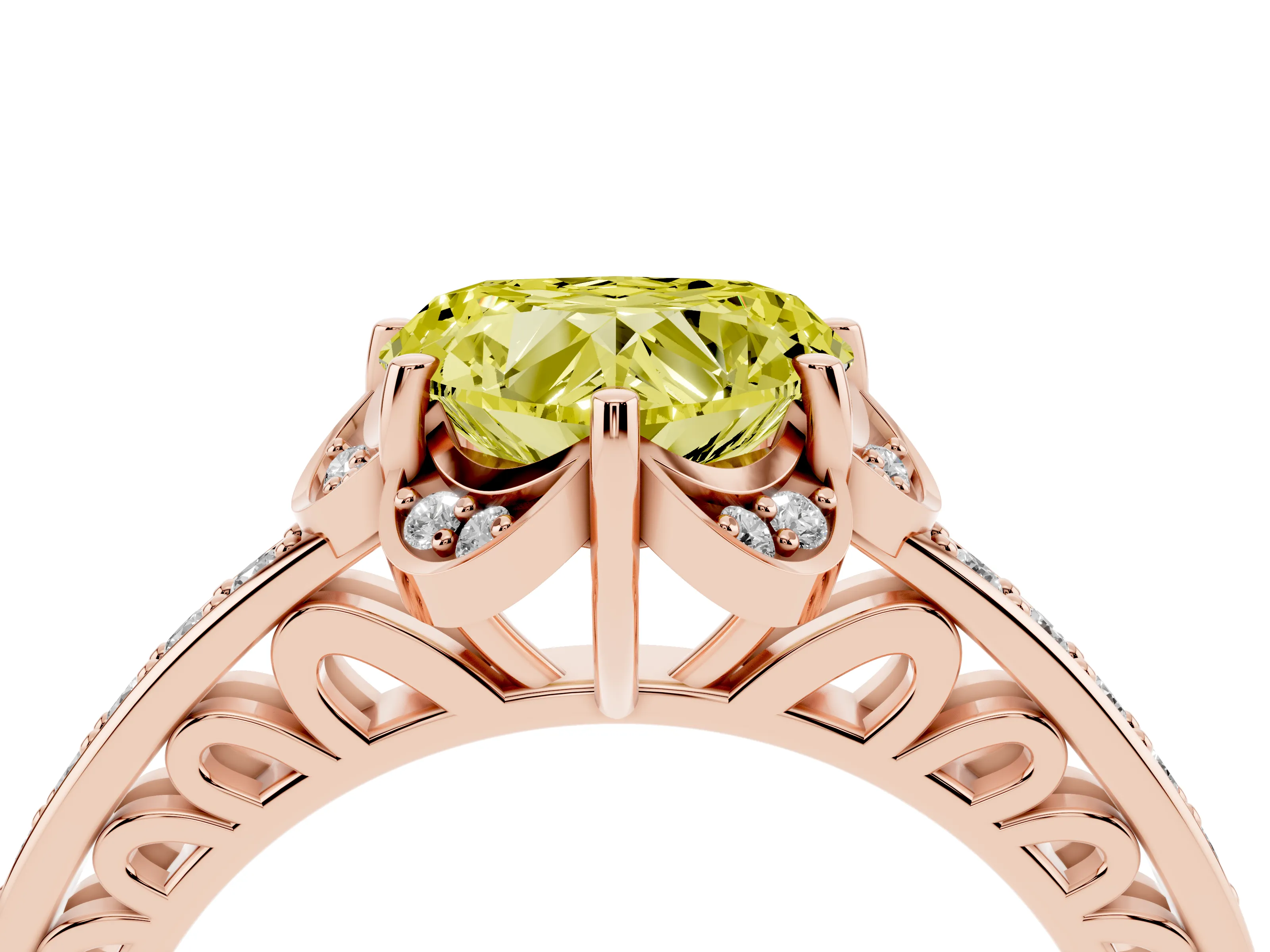 Fancy Yellow Heart Cut Diamond Halo Ring Set in Rose gold with Channel Set Band and Prong Setting