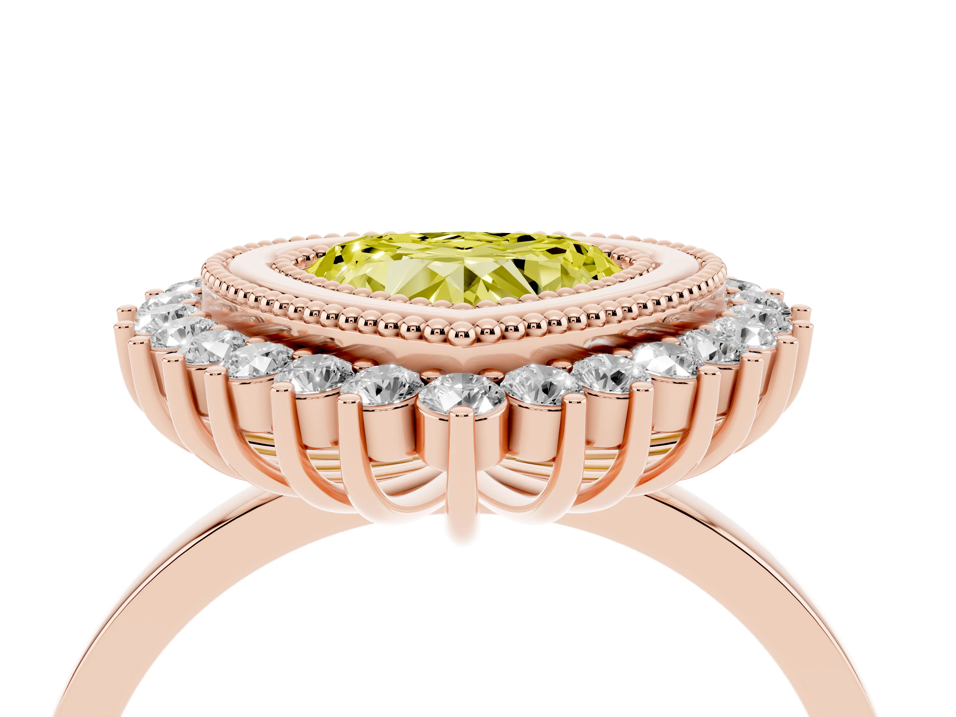 Fancy Yellow Heart Cut Diamond Halo Ring Set in Rose gold with Milgrain Edge and Round Prong Setting