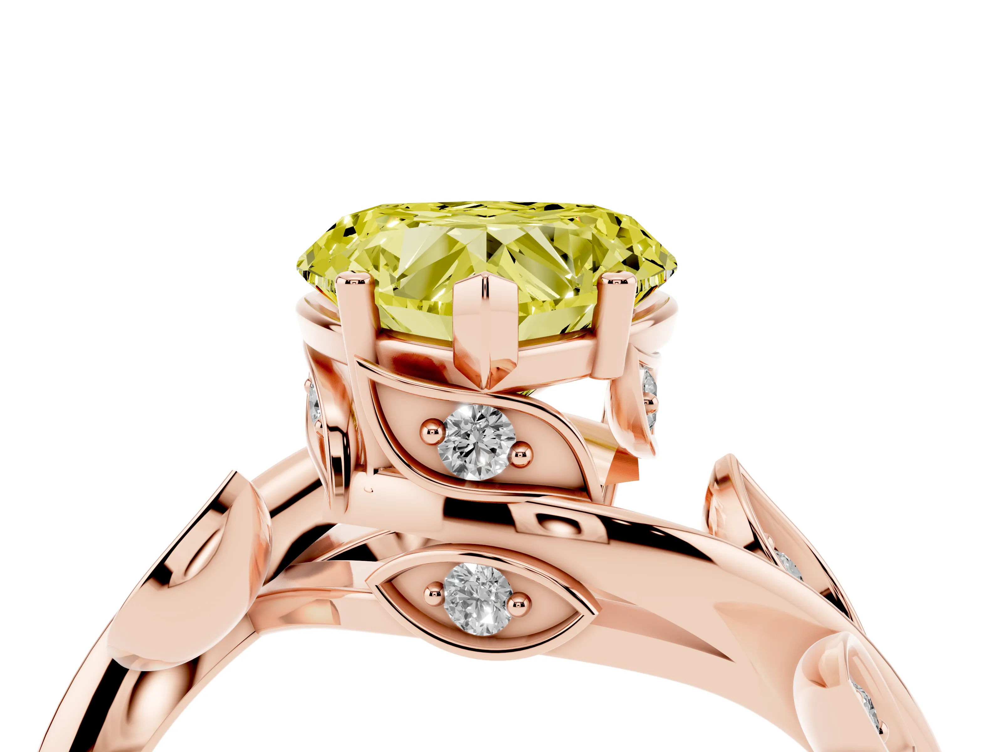 Fancy Yellow Heart Cut Diamond Solitaire Twist Engagement Ring Set in Rose gold with Pavé Leaf Accents