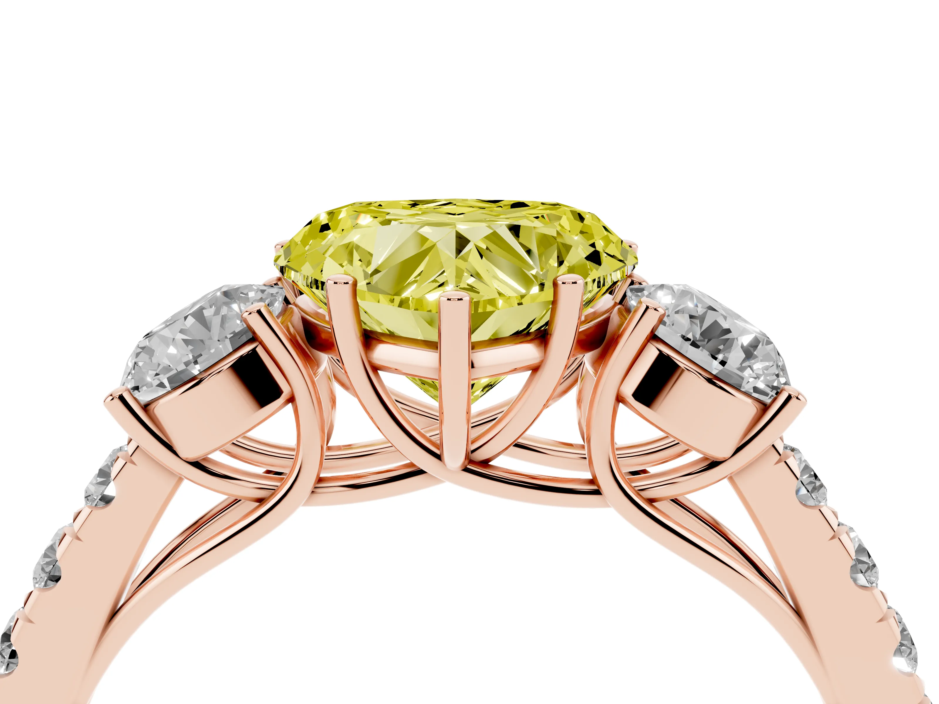 Fancy Yellow Heart Cut Diamond Three-Stone Ring Set in Rose gold with Round Side Stones and Delicate Pavé Band