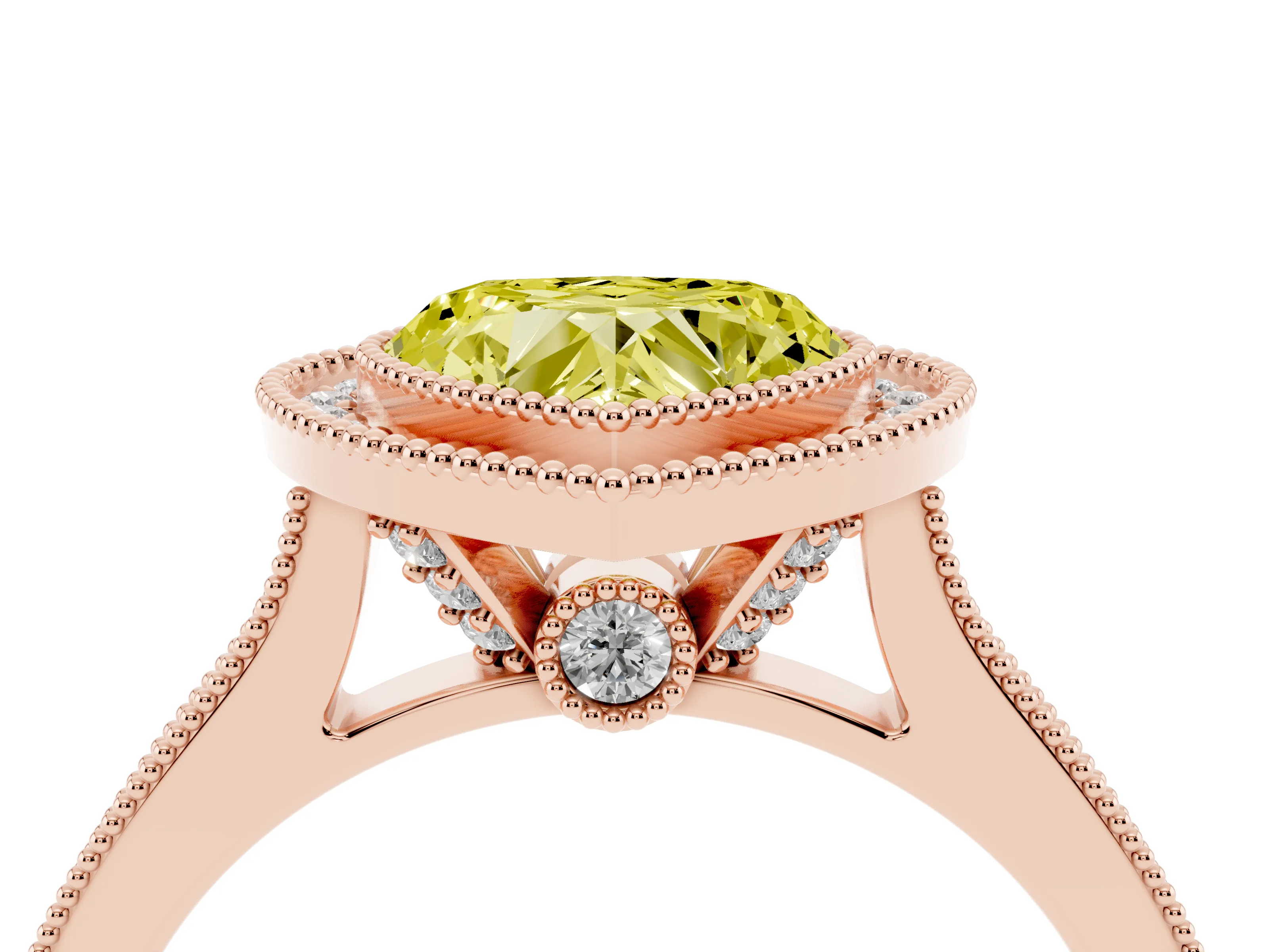 Fancy Yellow Heart Cut Diamond Halo Milgrain Pavé Band Ring Set in Rose gold with Prong Setting