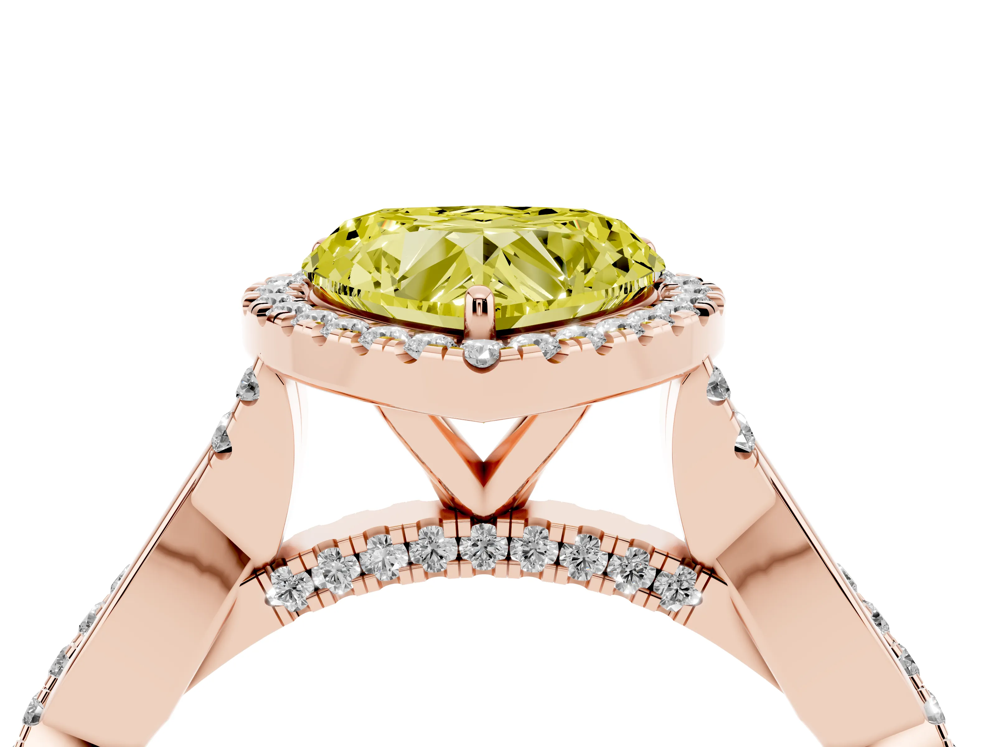 Fancy Yellow Heart Cut Diamond Halo Twist Band Solitaire Ring Set in Rose gold with Prong Setting