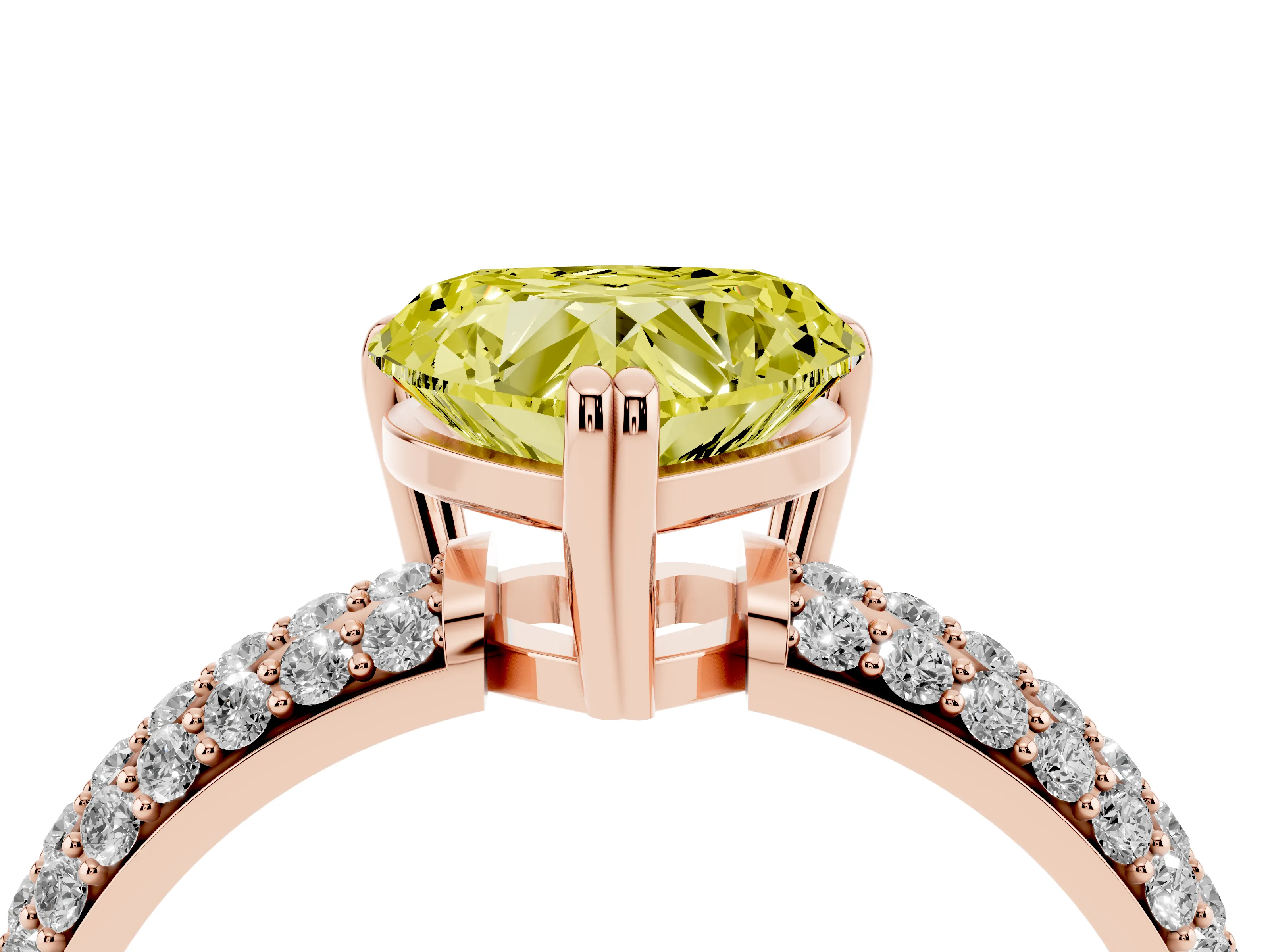 Fancy Yellow Heart Cut Diamond Solitaire Ring Set in Rose gold with Multi-Row Round Pavé Band and Prong Setting
