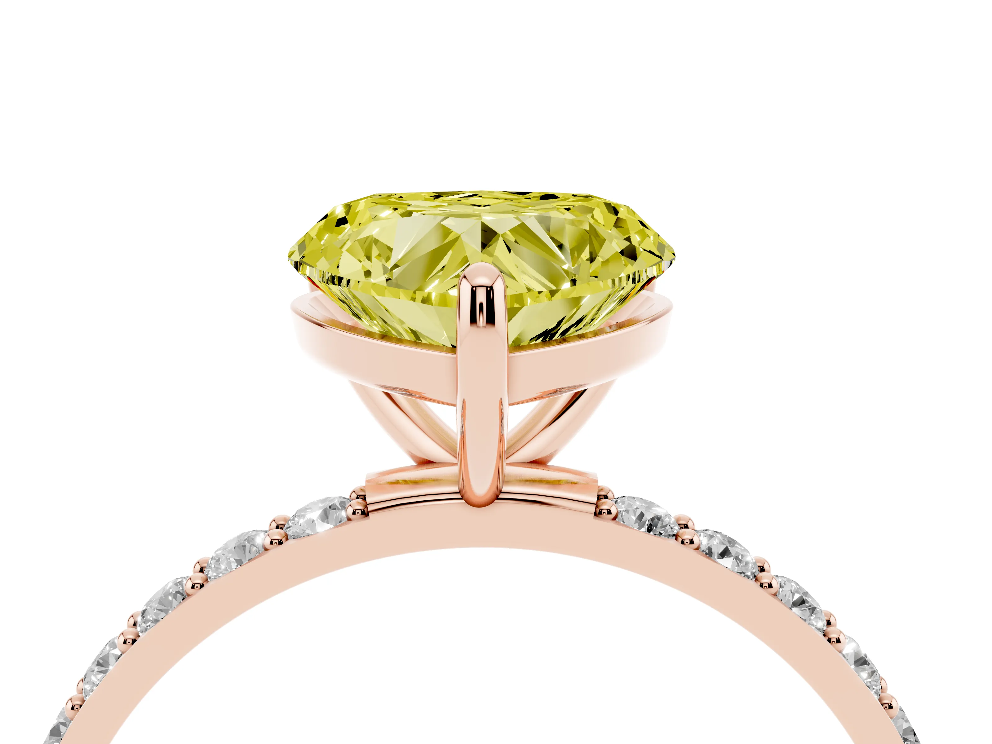 Fancy Yellow Heart Cut Diamond Solitaire Ring Set in Rose gold with Round Pavé Band and Prong Setting