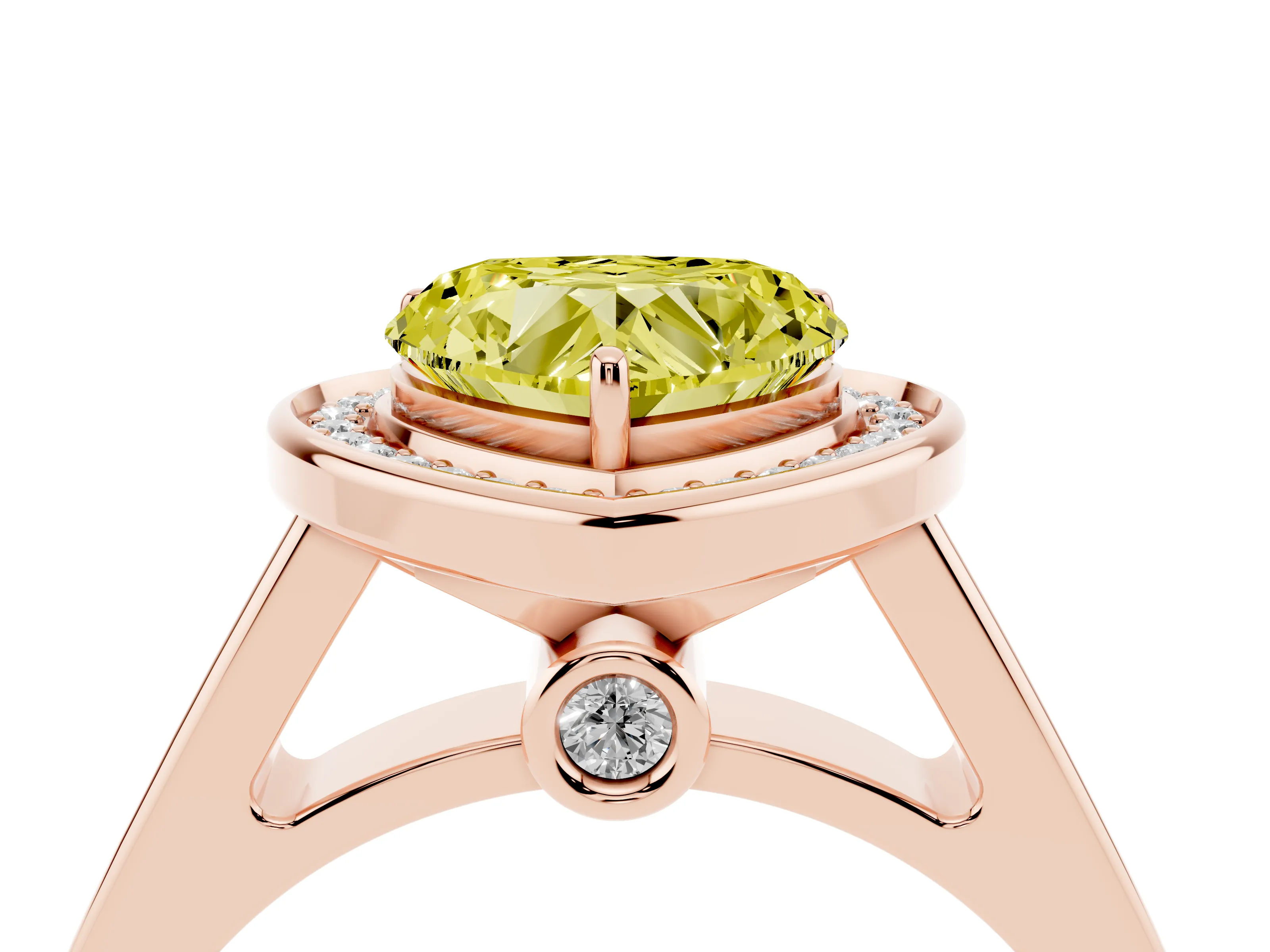 Fancy Yellow Heart Cut Diamond Halo Solitaire Ring Set in Rose gold with Pavé Band and Bezel Setting