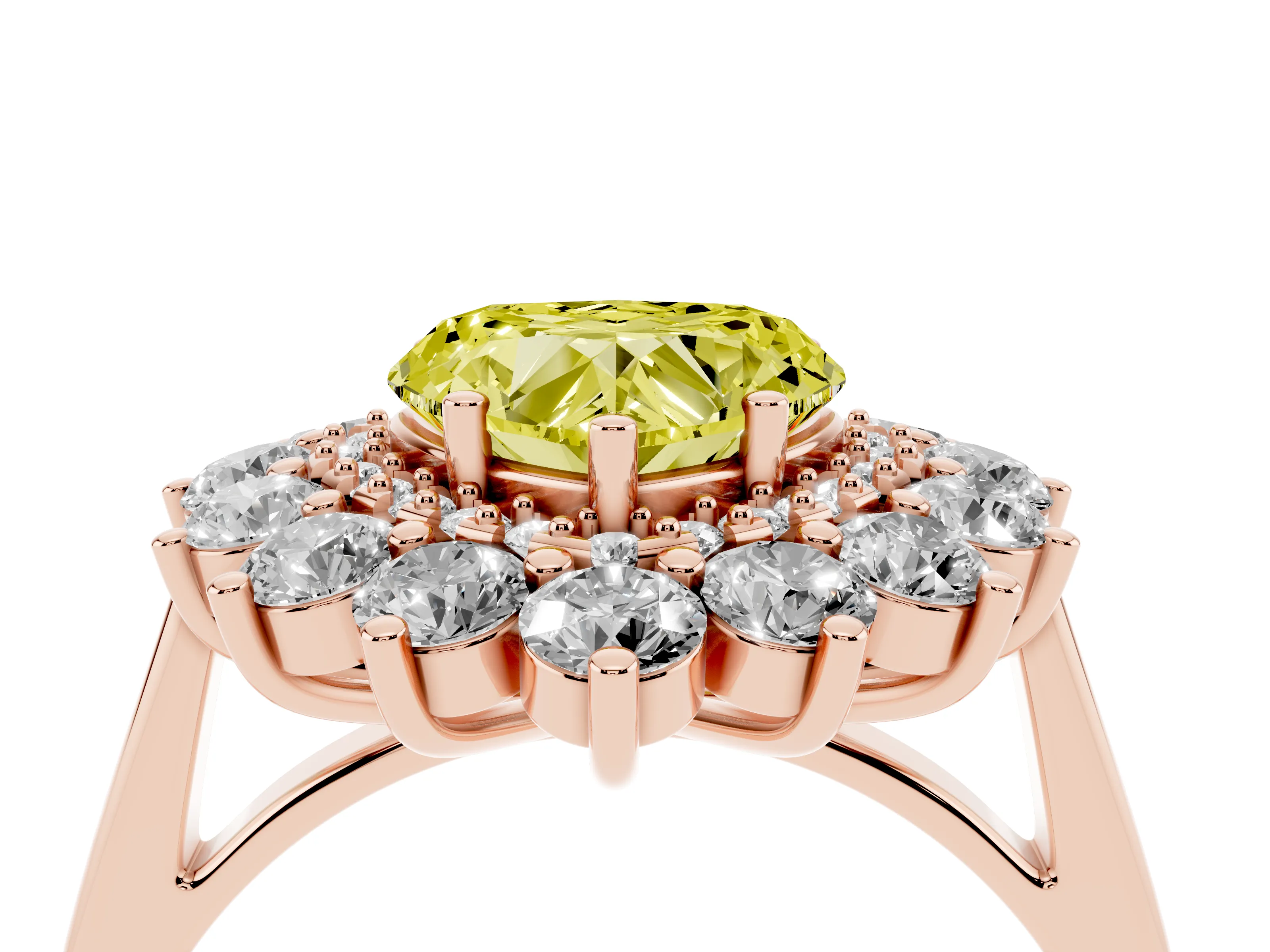 Fancy Yellow Heart Cut Diamond Floral Double Halo Ring Set in Rose gold with Round Petals