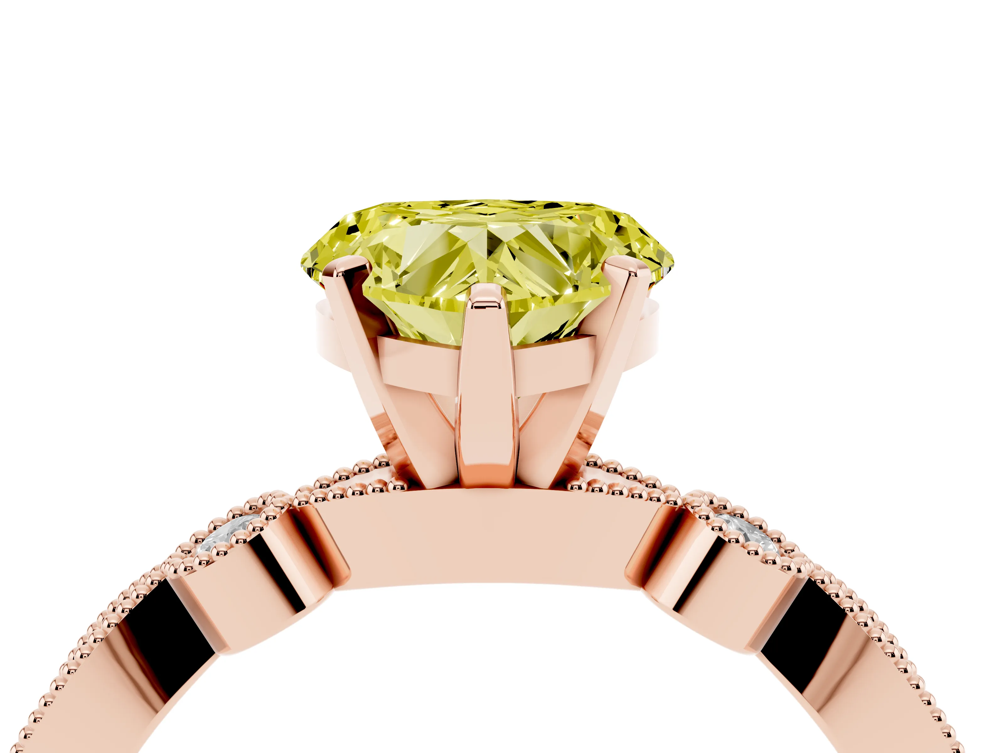 Fancy Yellow Heart Cut Diamond Solitaire Engagement Ring Set in Rose gold with Milgrain Bezel Accent Band