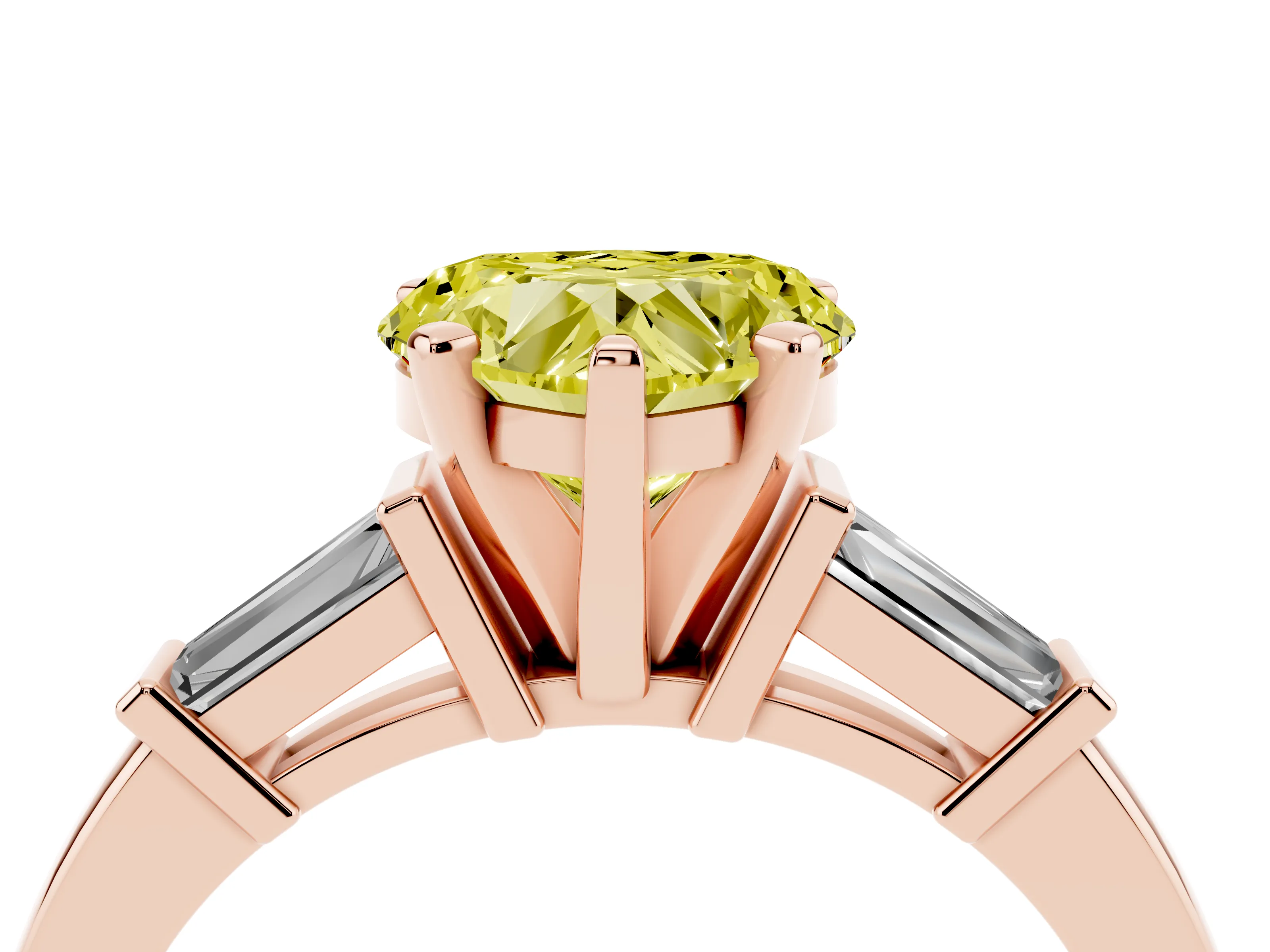 Fancy Yellow Heart Cut Diamond Solitaire Ring Set in Rose gold with Tapered Baguette Accents and Prong Setting