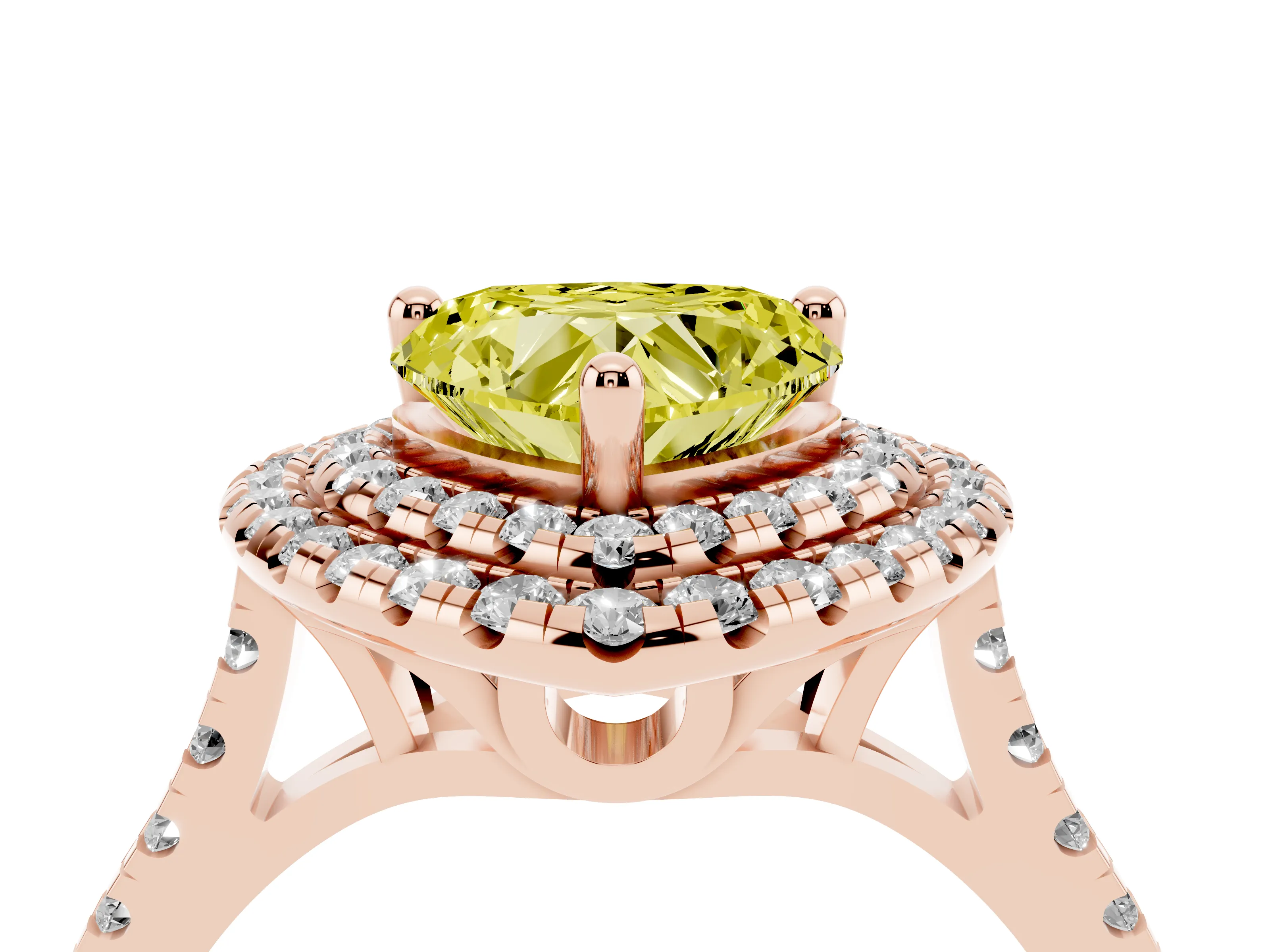 Fancy Yellow Heart Cut Diamond Double Halo Statement Ring Set in Rose gold with Pavé Band