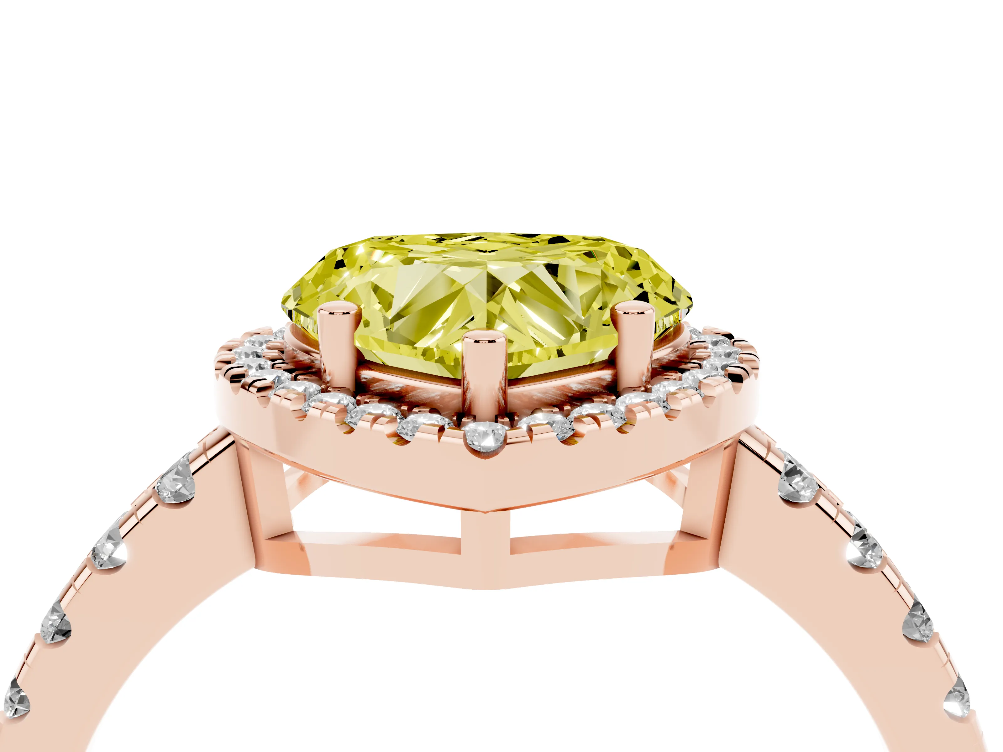 Fancy Yellow Heart Cut Diamond Halo Ring Set in Rose gold with Delicate Pavé Band and Prong Setting