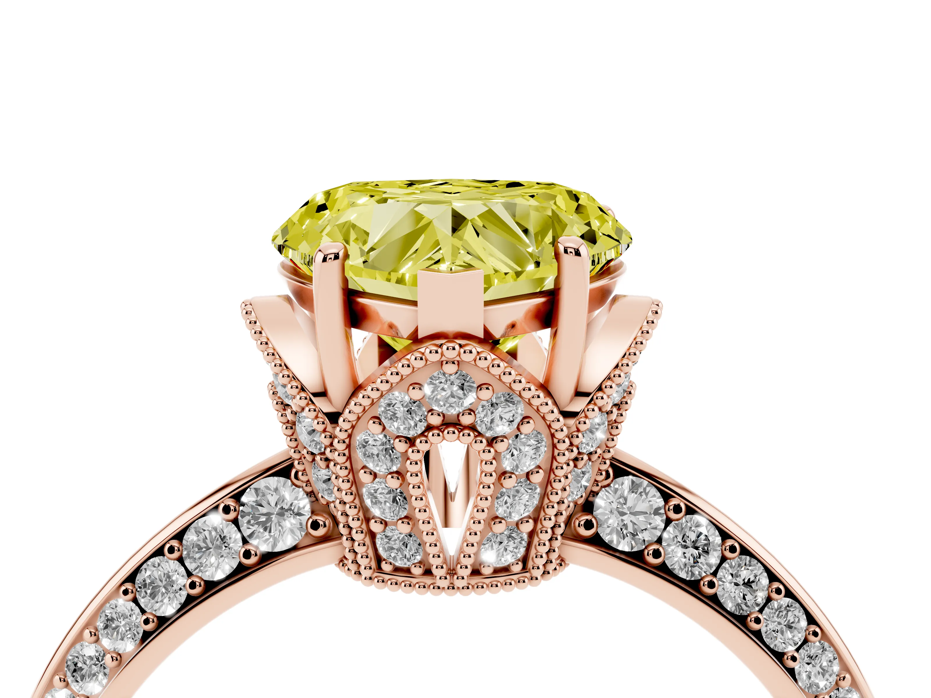 Fancy Yellow Heart Cut Diamond Solitaire Engagement Ring Set in Rose gold with Pavé Split Shank and Prong Setting