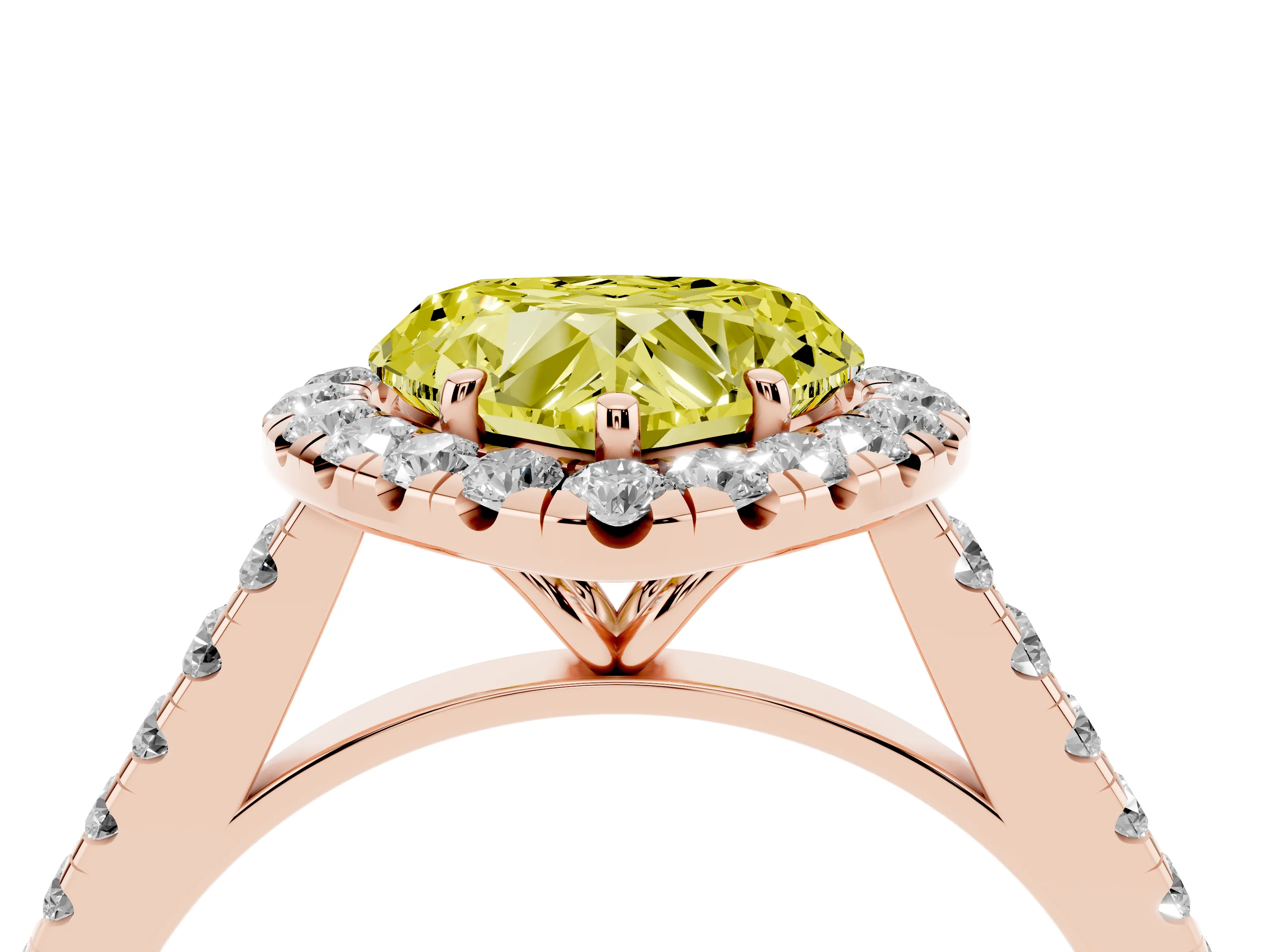 Fancy Yellow Heart Cut Diamond Halo Pavé Engagement Ring Set in Rose gold with Prong Setting