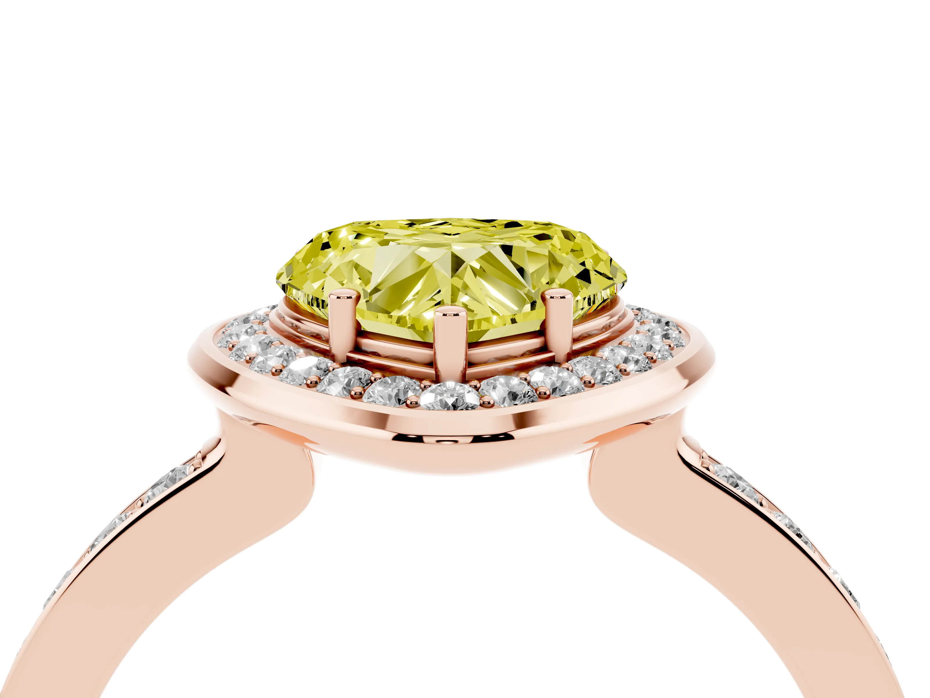 Fancy Yellow Heart Cut Diamond Halo Ring Set in Rose gold with Bezel Frame and Pavé Band