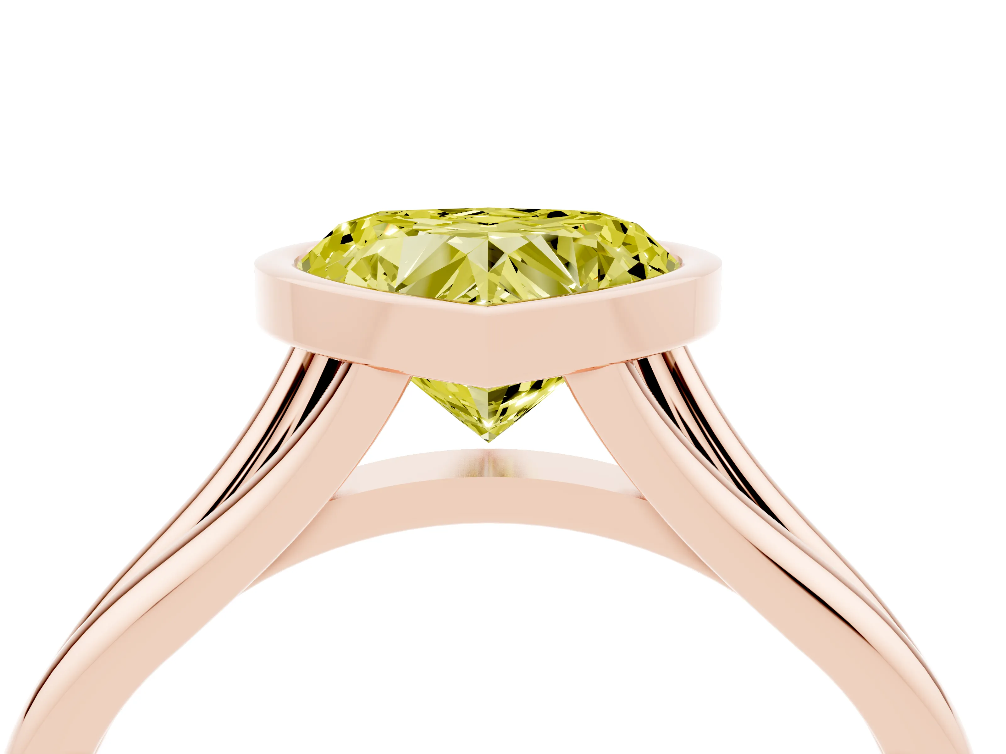 Fancy Yellow Bezel Set Heart Cut Diamond Solitaire Ring Set in Rose gold with Tapered Band