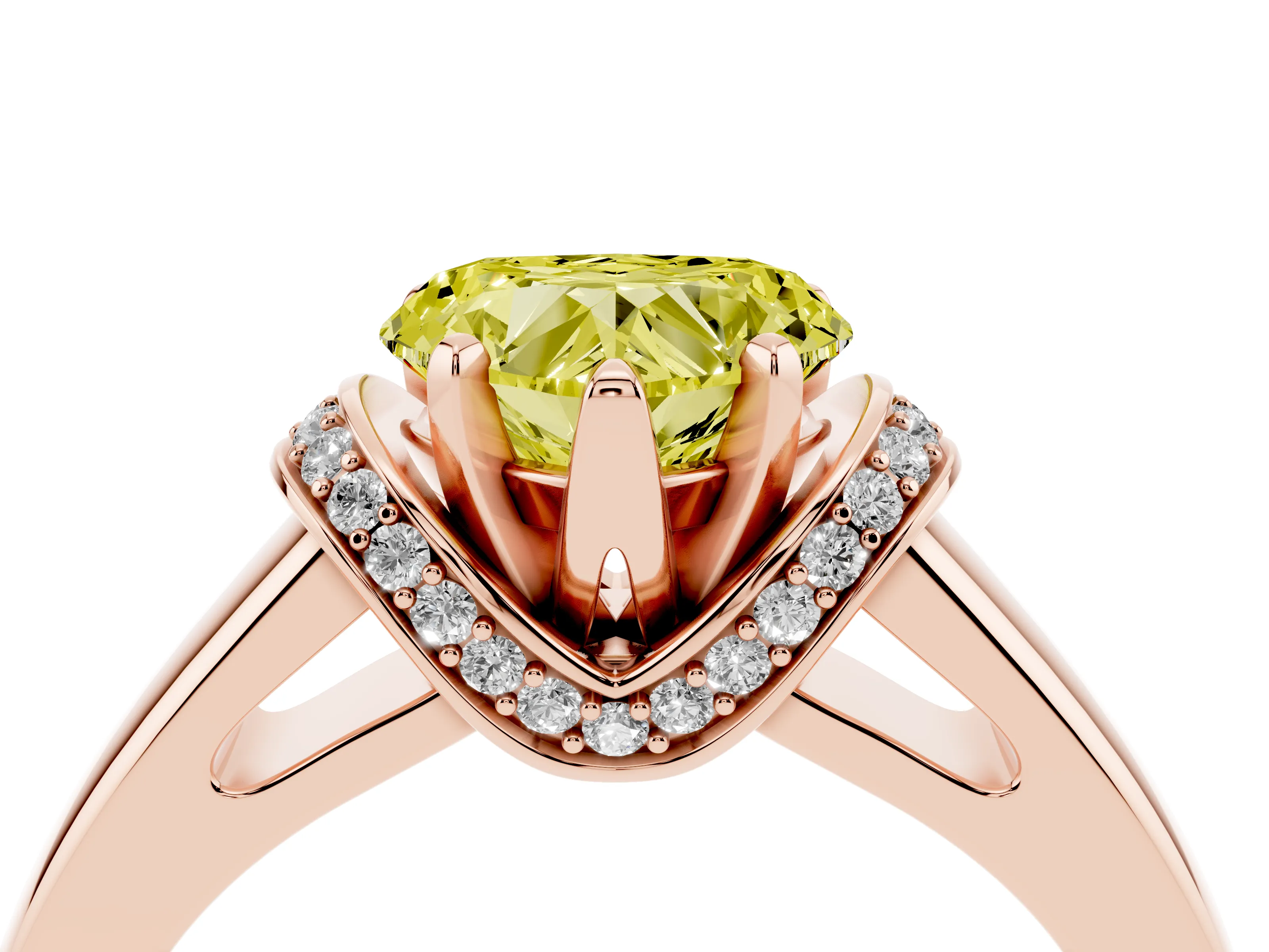 Fancy Yellow Heart Cut Diamond Pavé Band Solitaire Ring Set in Rose gold with Prong Setting