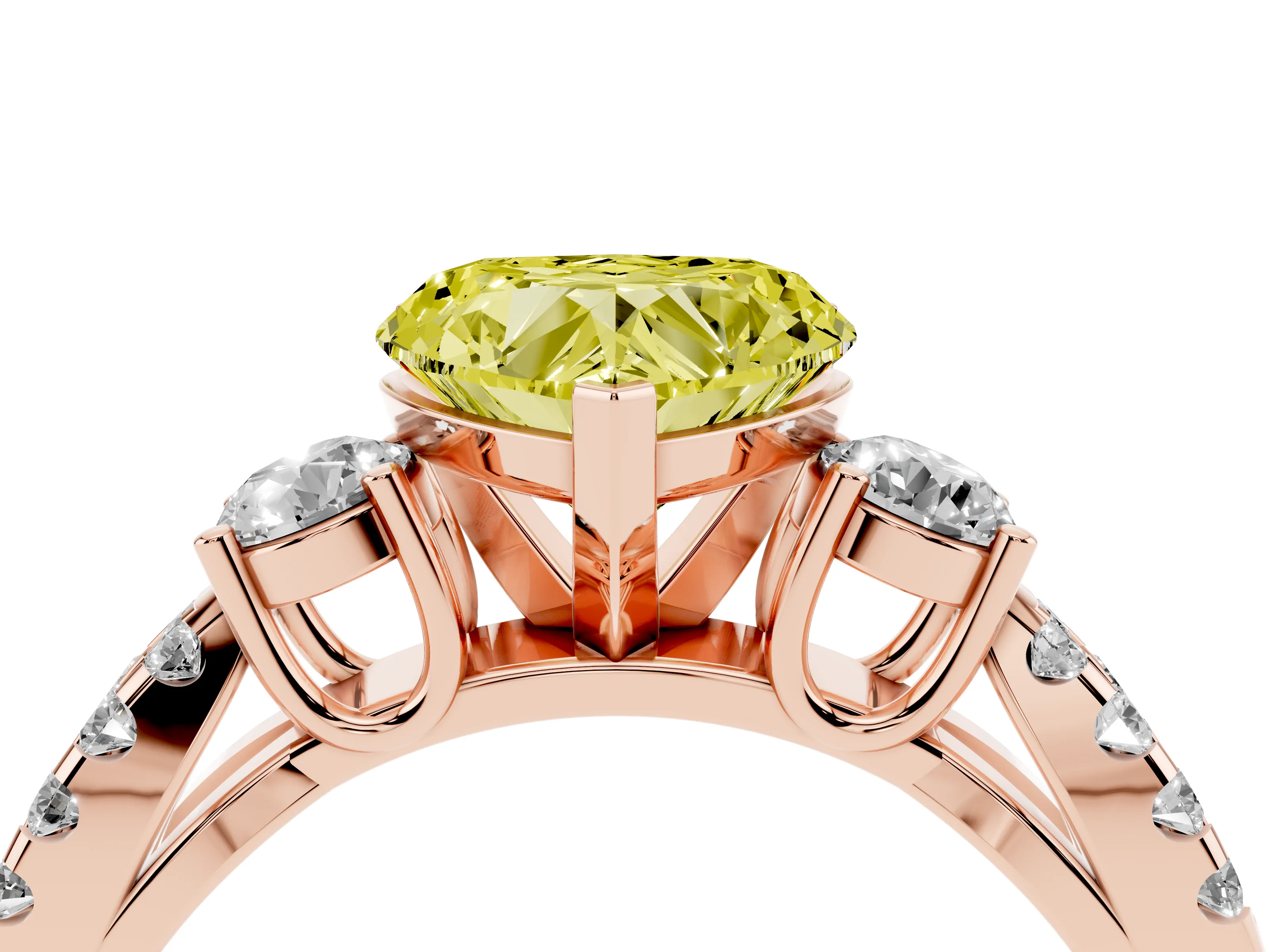 Fancy Yellow Heart Cut Diamond Three-Stone Ring Set in Rose gold with Pavé Split Shank and Prong Setting