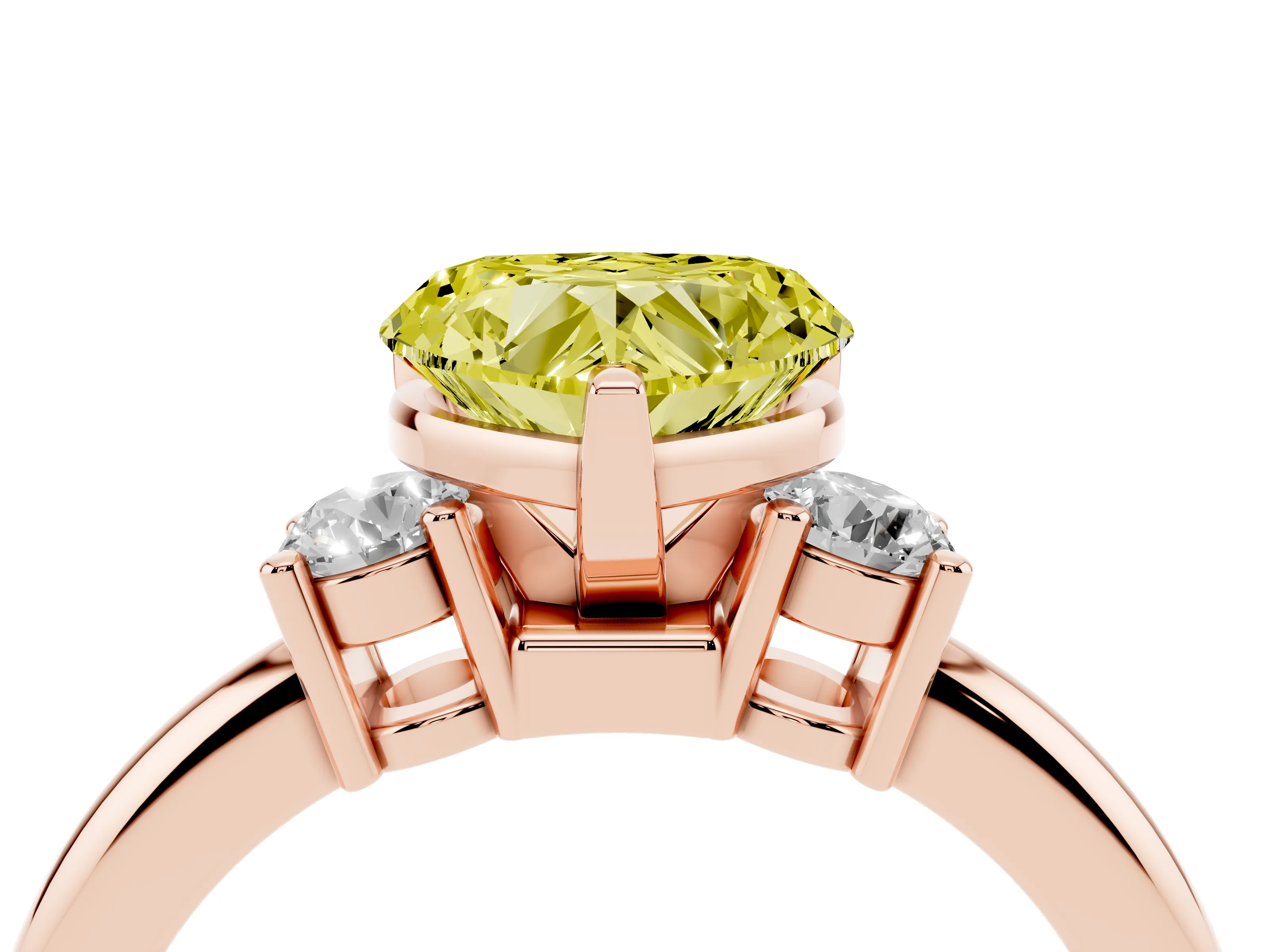 Fancy Yellow Three-Stone Heart Cut Diamond Ring Set in Rose gold with Prong Setting and Plain Band