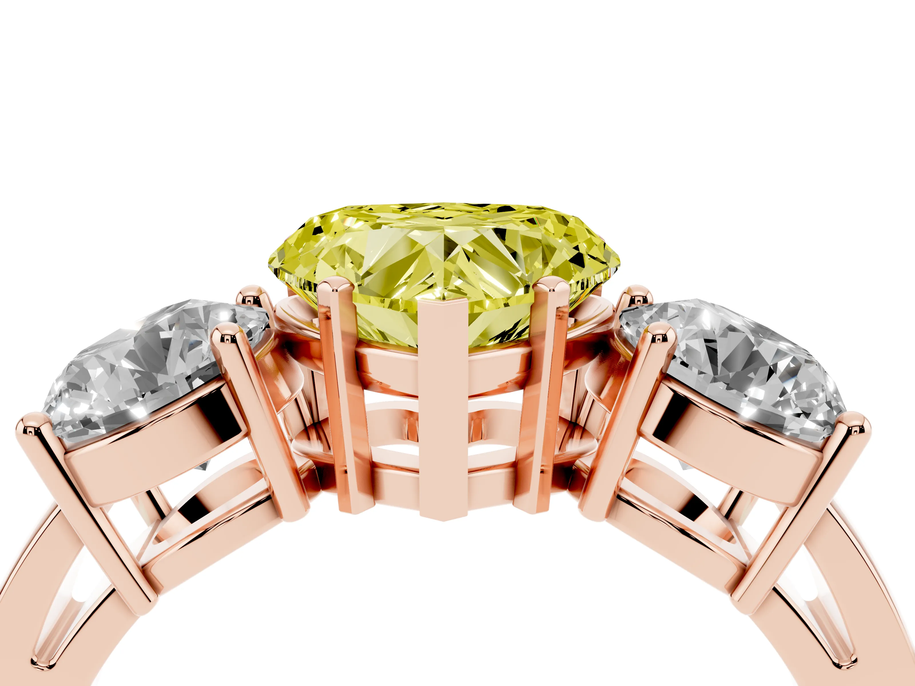 Fancy Yellow Heart Cut Diamond Three-Stone Ring Set in Rose gold with Round Side Stones and Classic Band