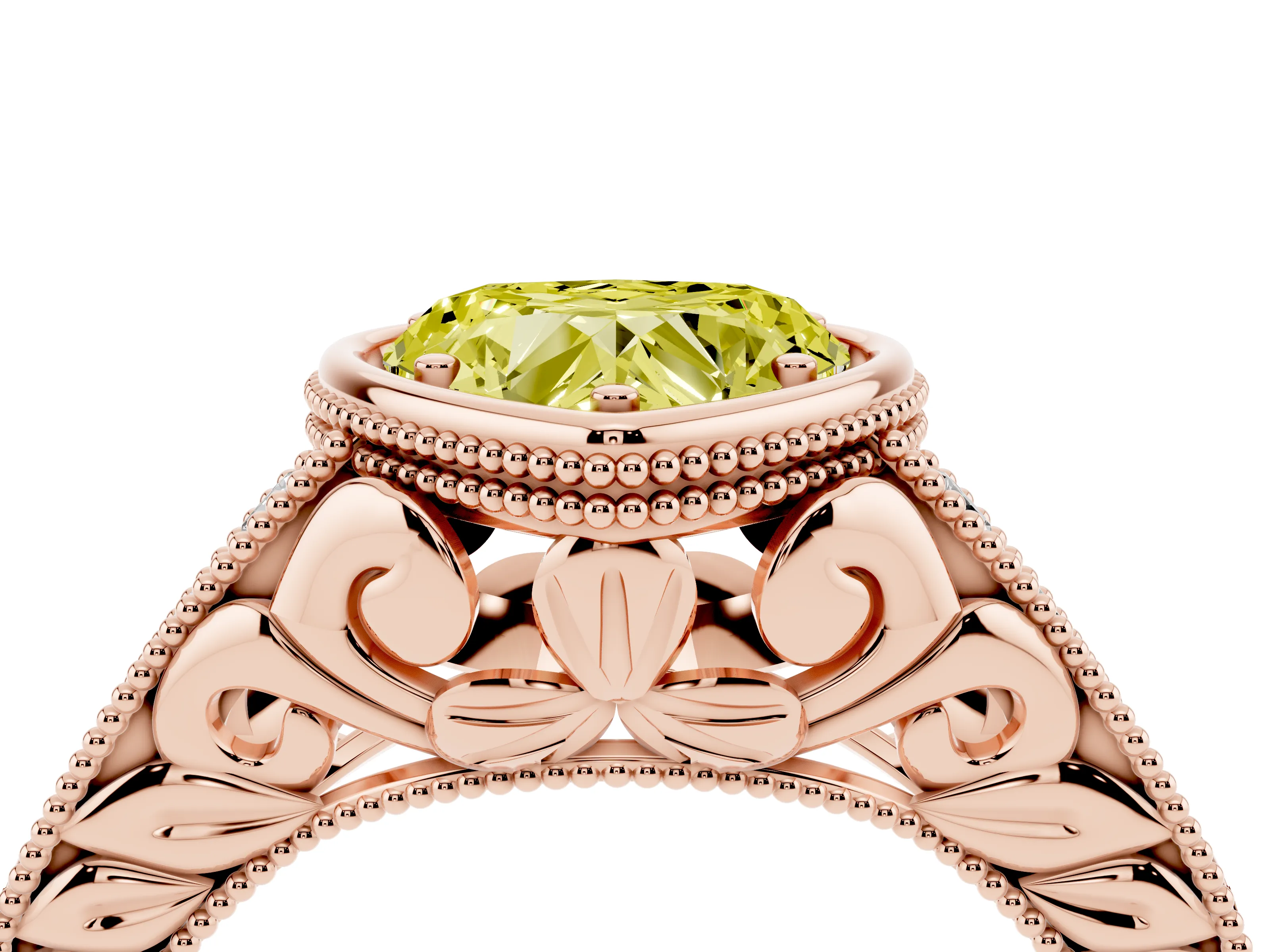 Fancy Yellow Bezel Set Heart Cut Diamond Milgrain Pavé Engagement Ring Set in Rose gold