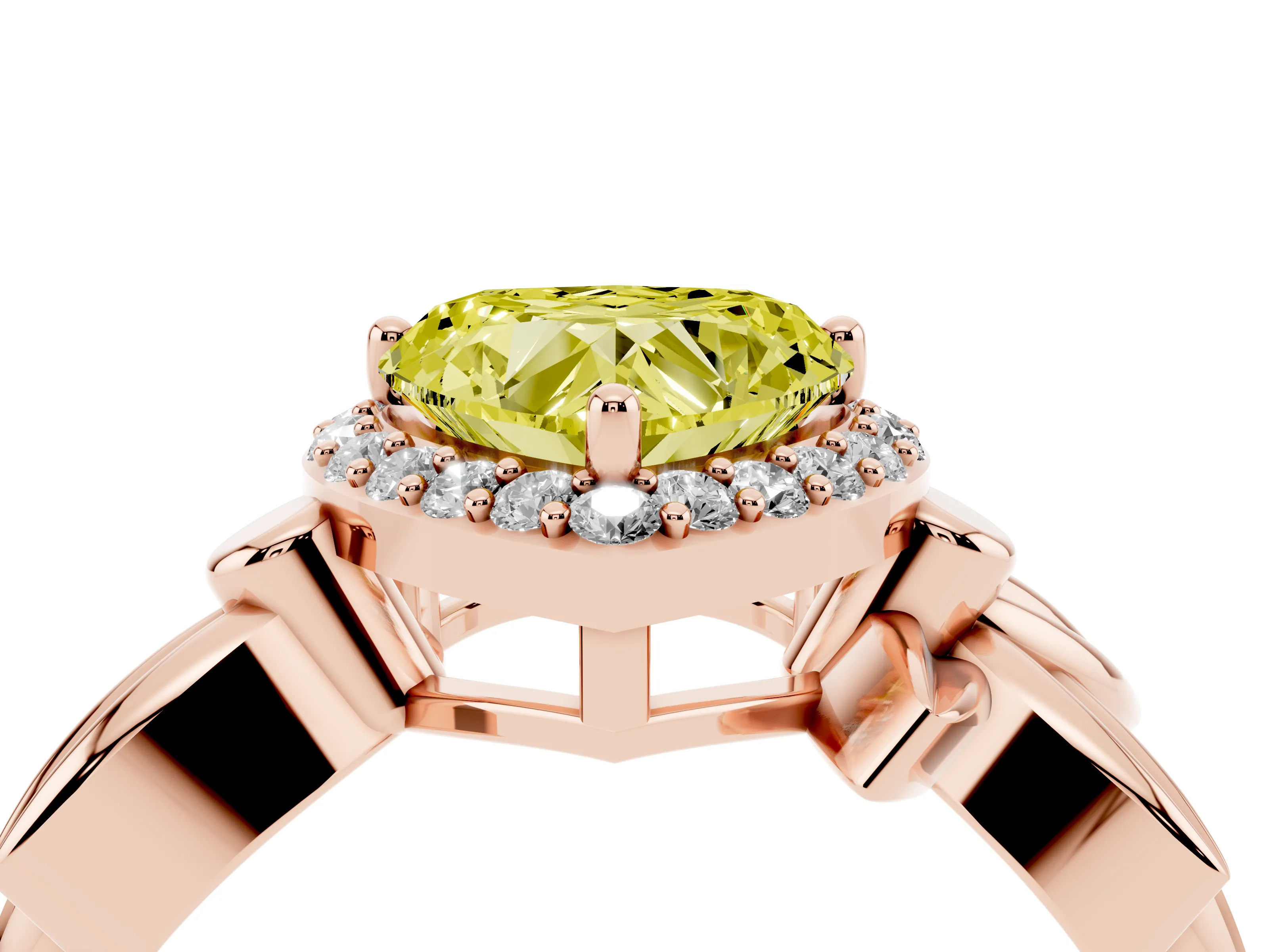 Fancy Yellow Heart Cut Diamond Halo Floral Band Ring Set in Rose gold with Prong Setting