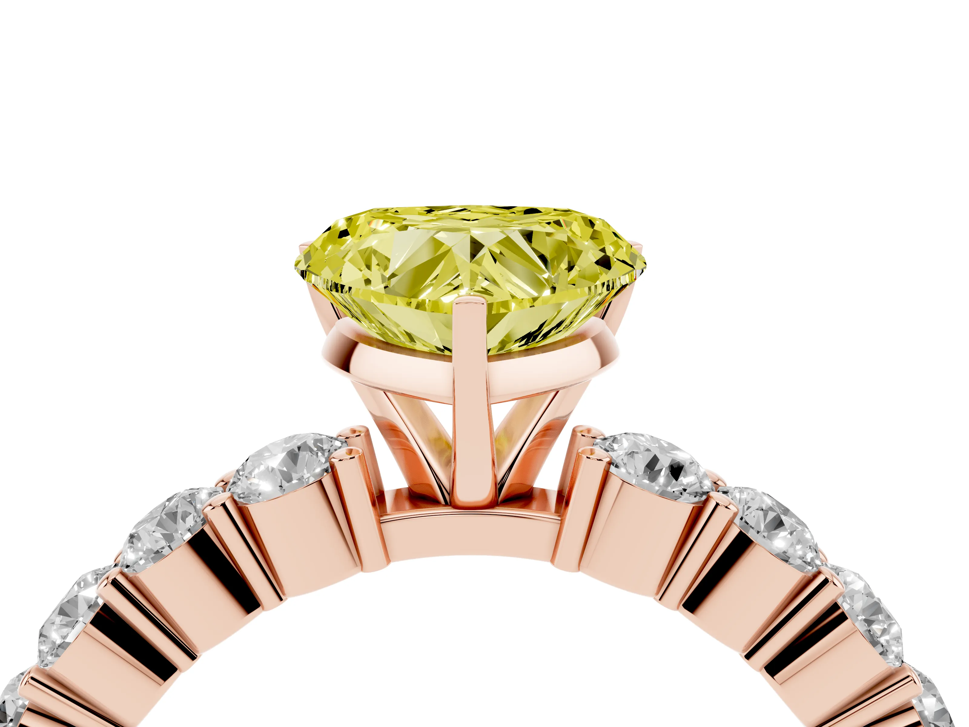 Fancy Yellow Heart Cut Diamond Solitaire Ring Set in Rose gold with Shared Prong Round Side Stones