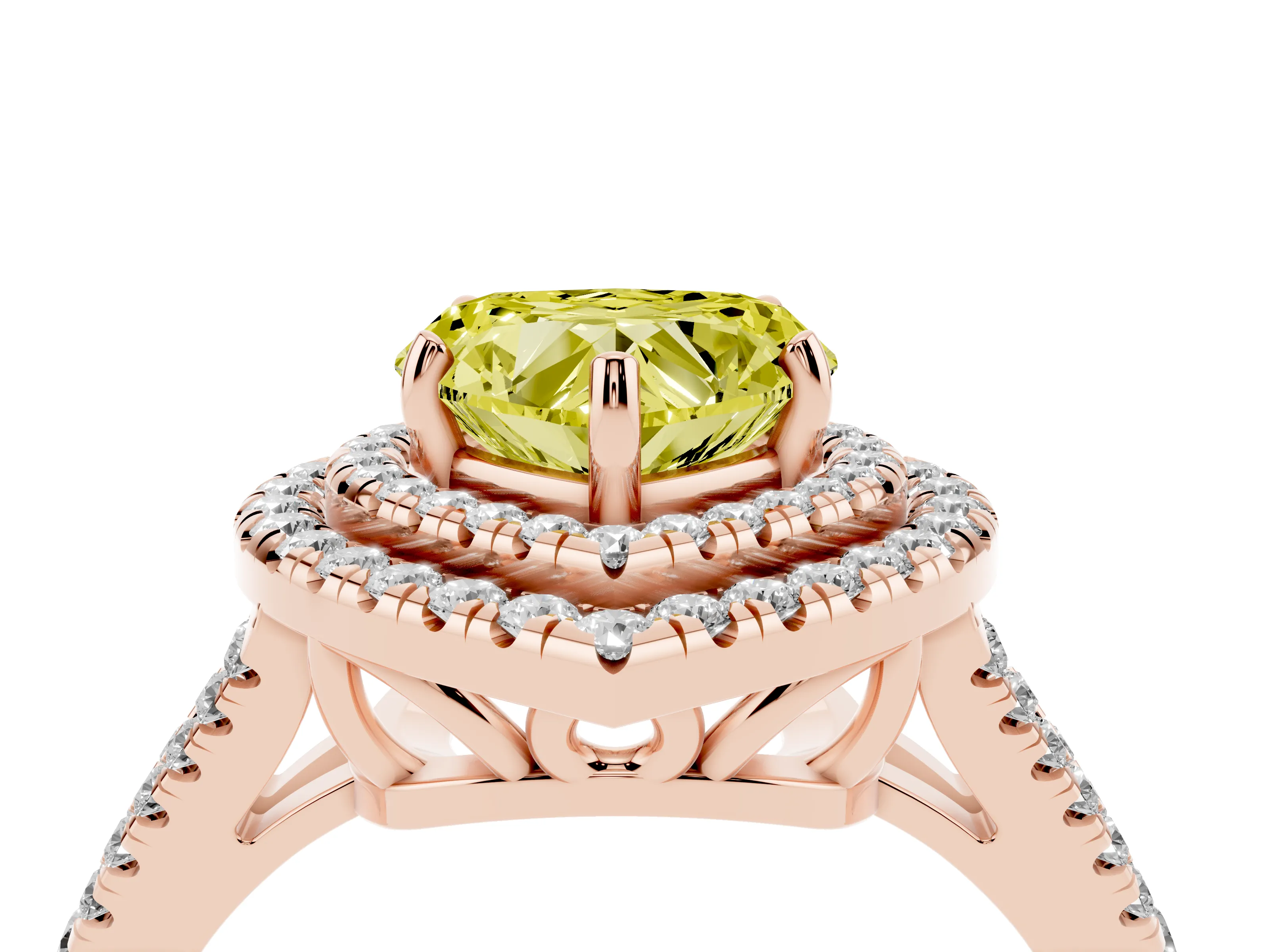 Fancy Yellow Heart Cut Diamond Double Halo Ring Set in Rose gold with Pavé Band