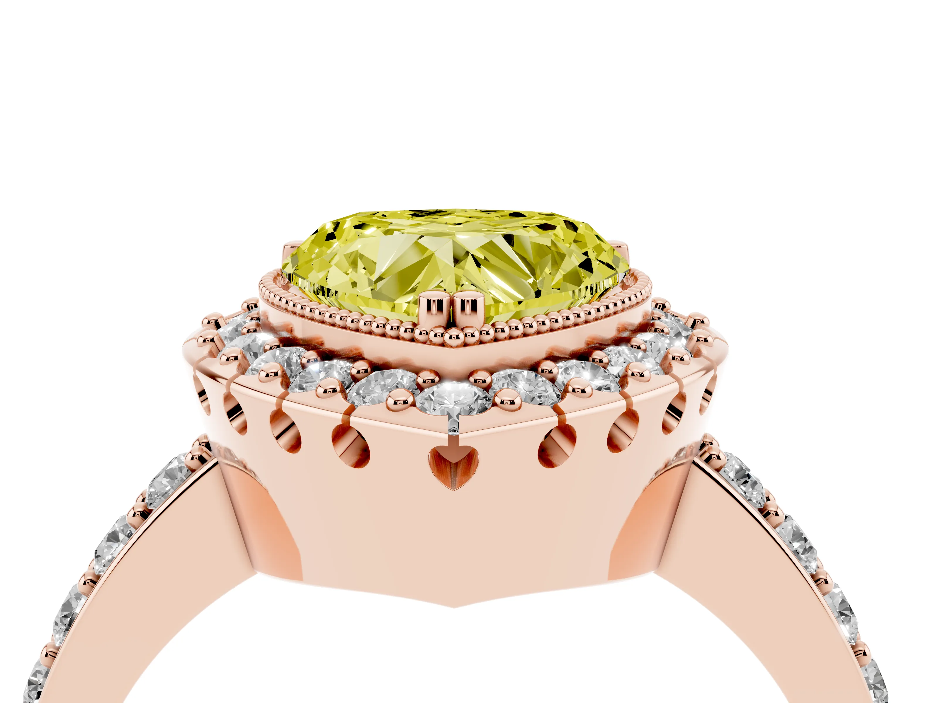 Fancy Yellow Heart Cut Diamond Halo Ring Set in Rose gold with Pavé Shank and Prong Setting