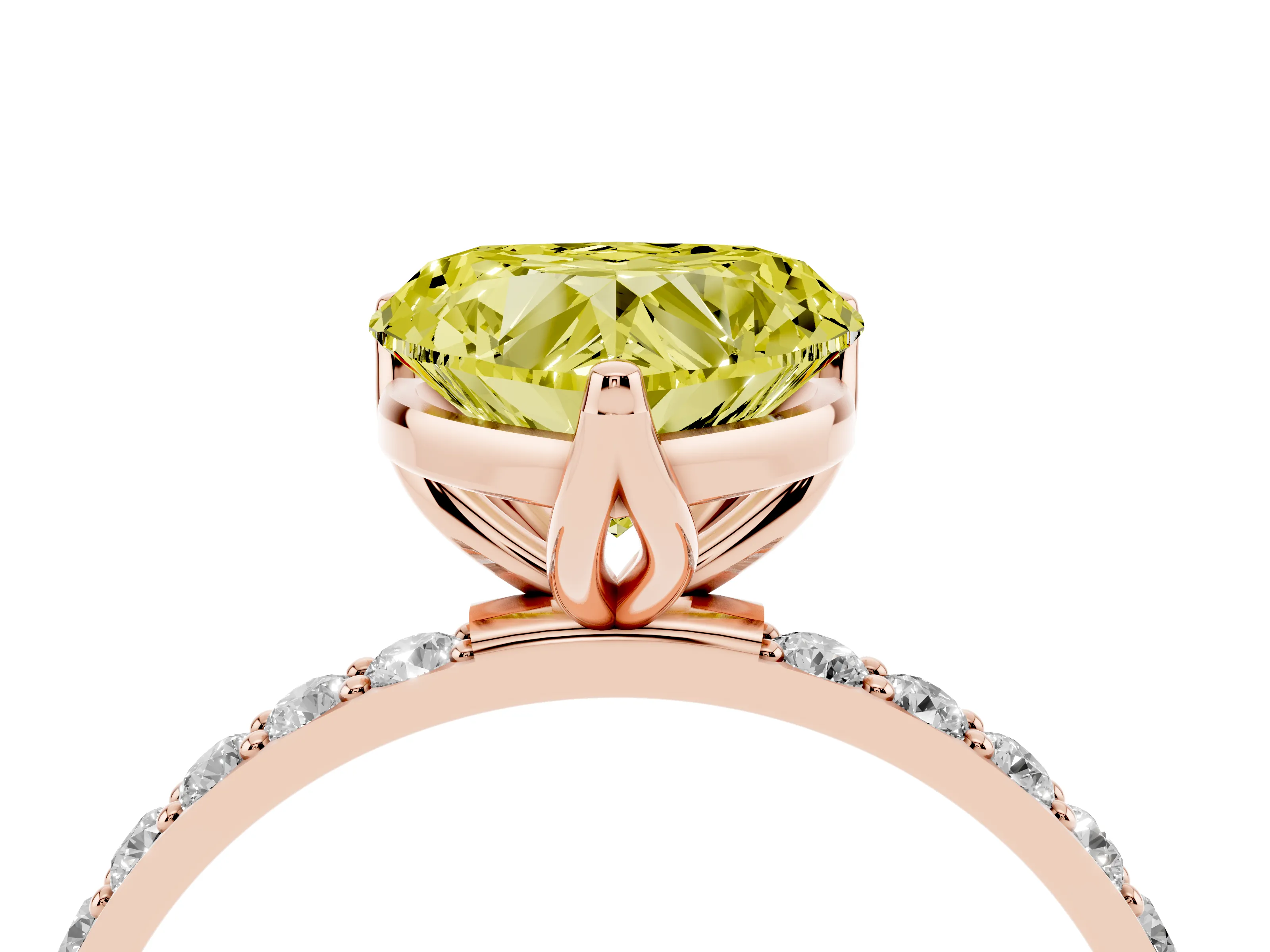 Fancy Yellow Heart Cut Diamond Solitaire Engagement Ring Set in Rose gold with Round Pavé Band and Prong Setting