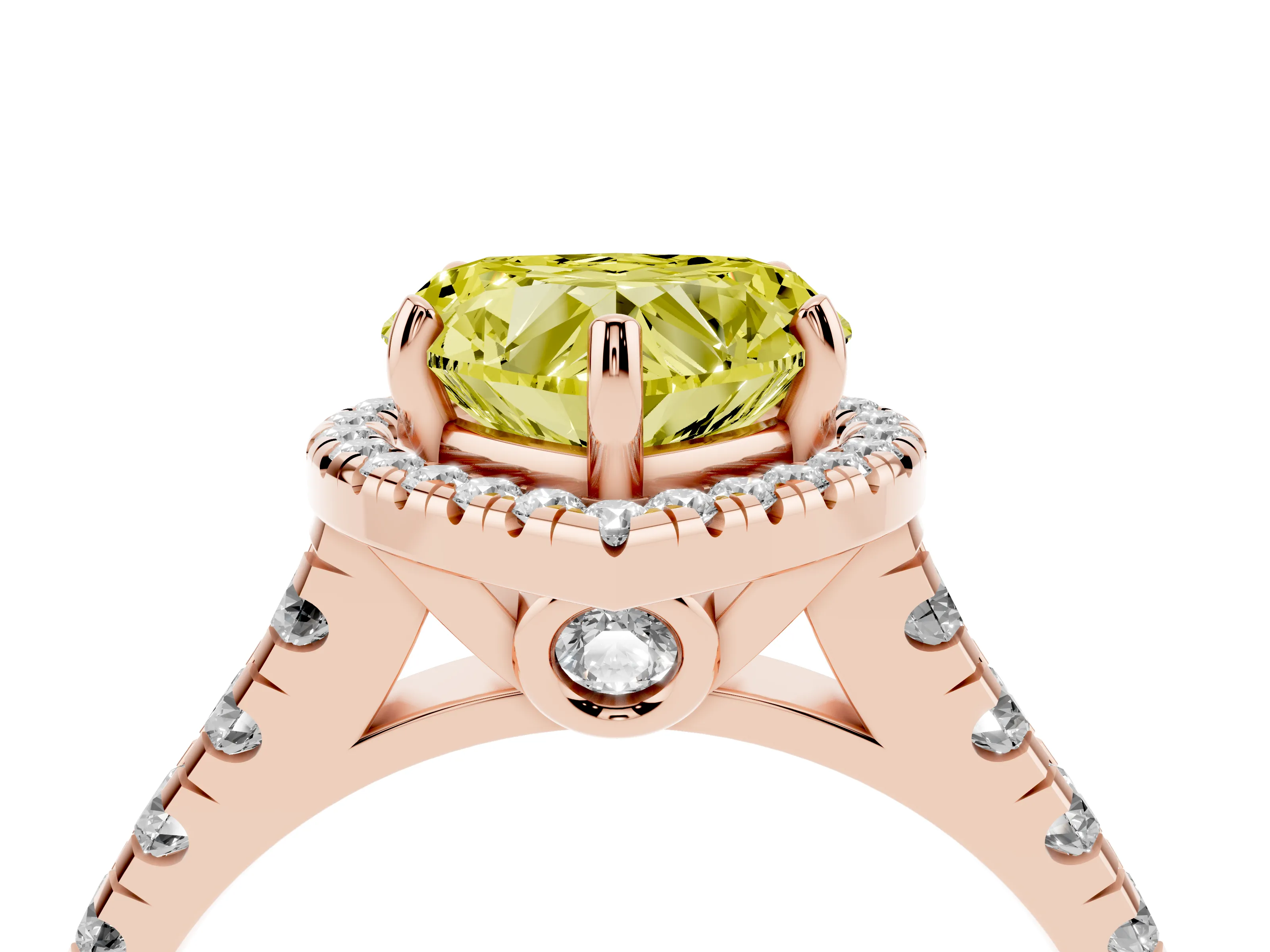 Fancy Yellow Heart Cut Diamond Halo Engagement Ring Set in Rose gold with Pavé Band and Prong-Set Center