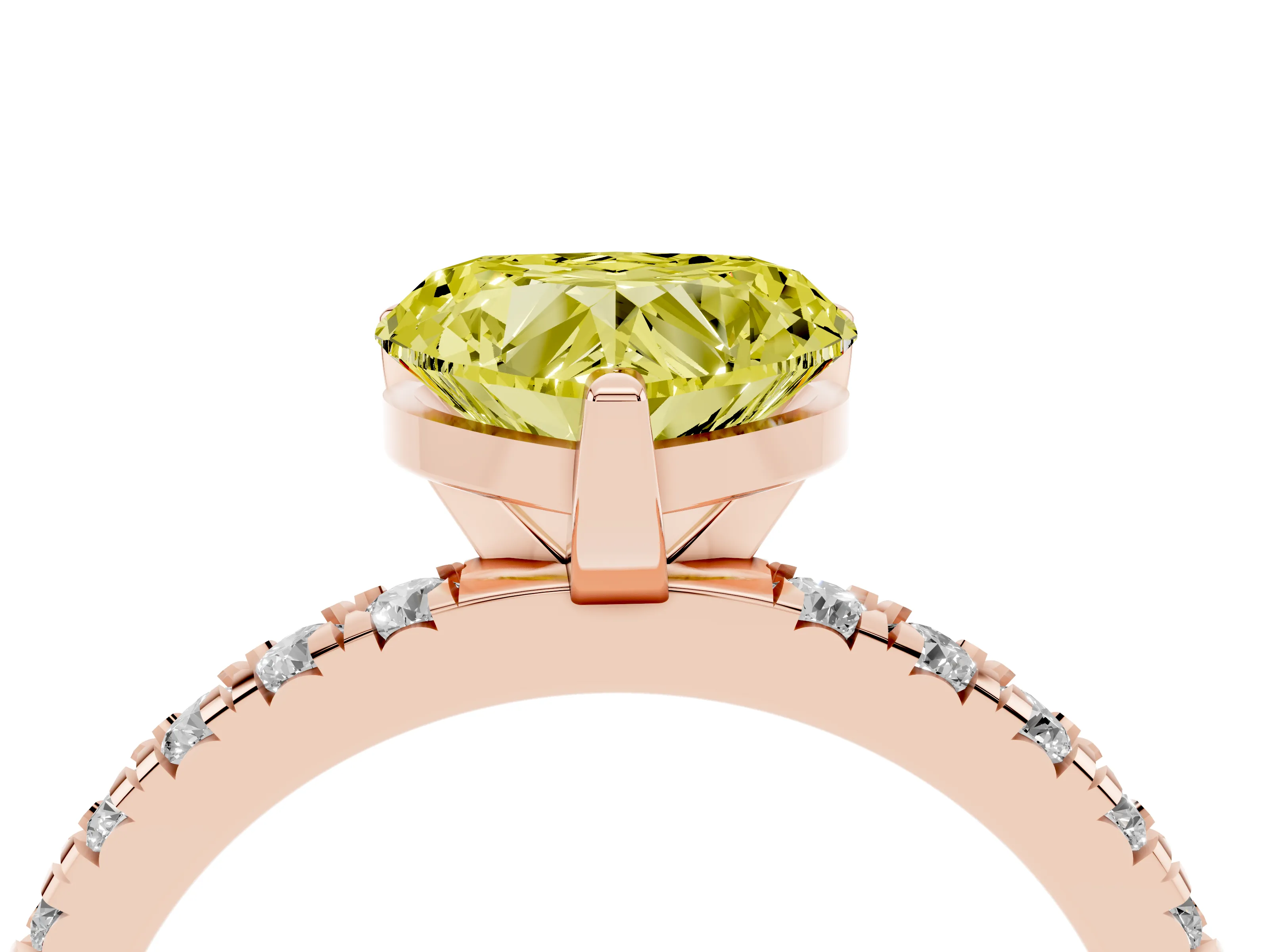 Fancy Yellow Heart Cut Diamond Pavé Band Solitaire Set in Rose gold with Prong Setting