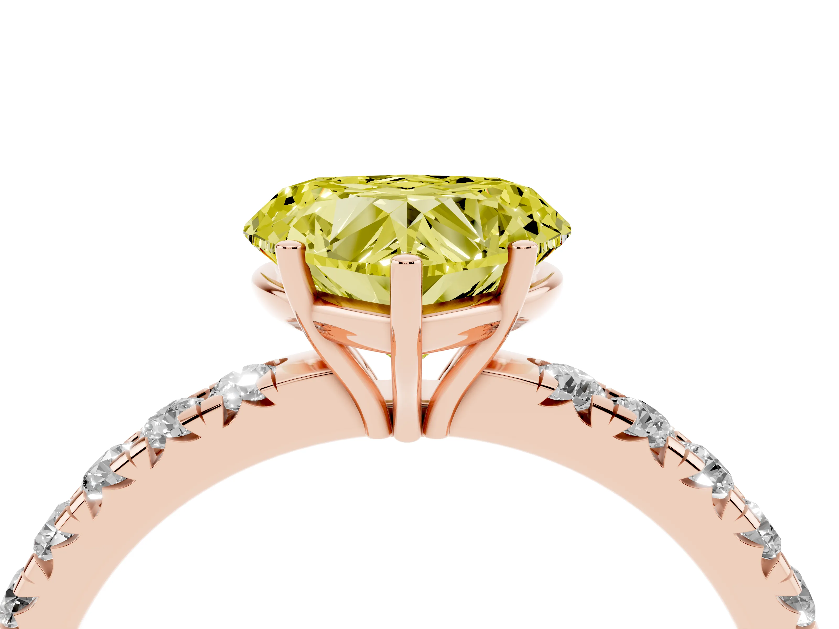 Fancy Yellow Heart Cut Diamond Pavé Solitaire Engagement Ring Set in Rose gold with Prong Setting