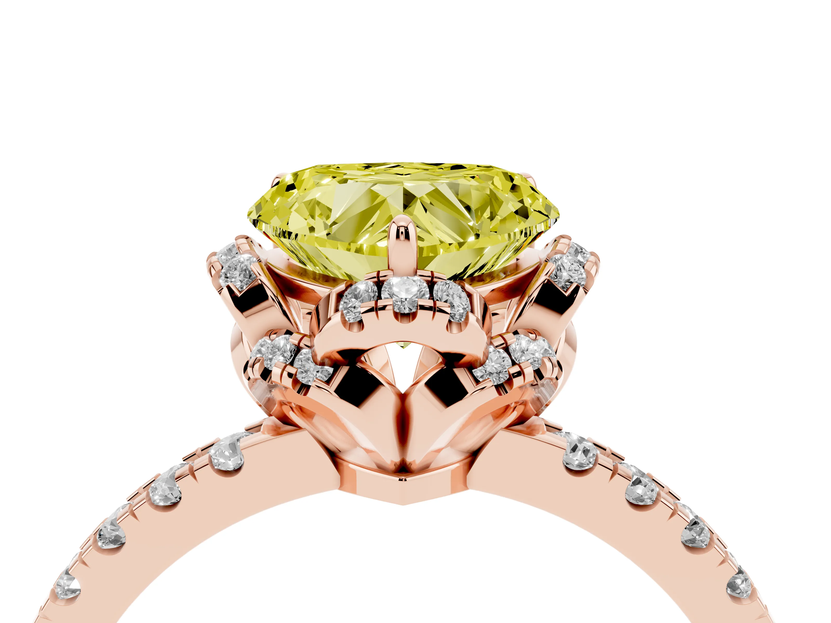 Fancy Yellow Heart Cut Diamond Halo Pavé Band Ring Set in Rose gold with Prong-Held Center