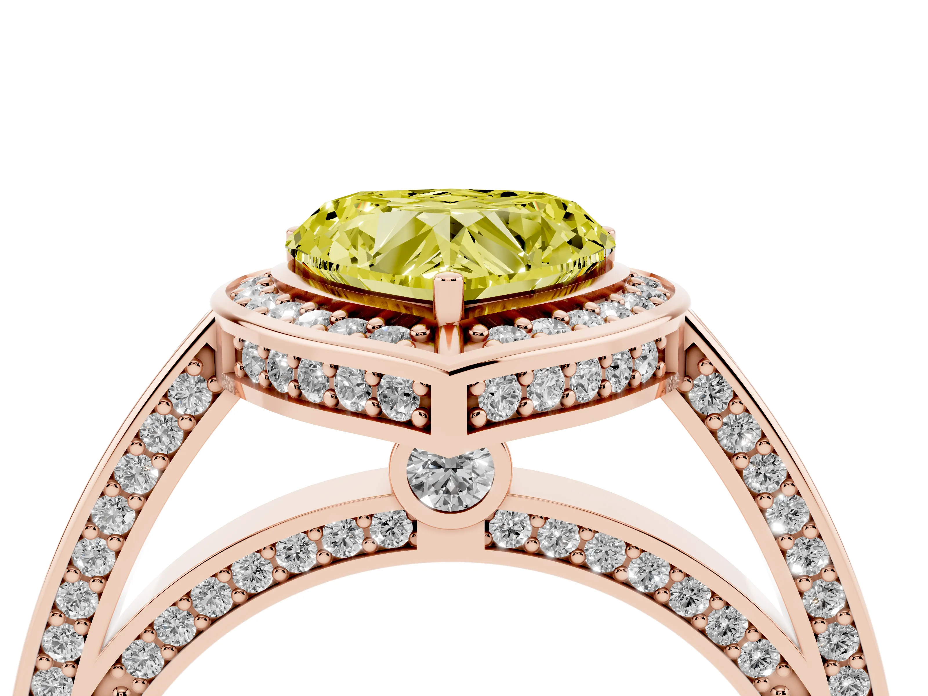 Fancy Yellow Heart Cut Diamond Halo Pavé Split Shank Ring Set in Rose gold with Prong Setting