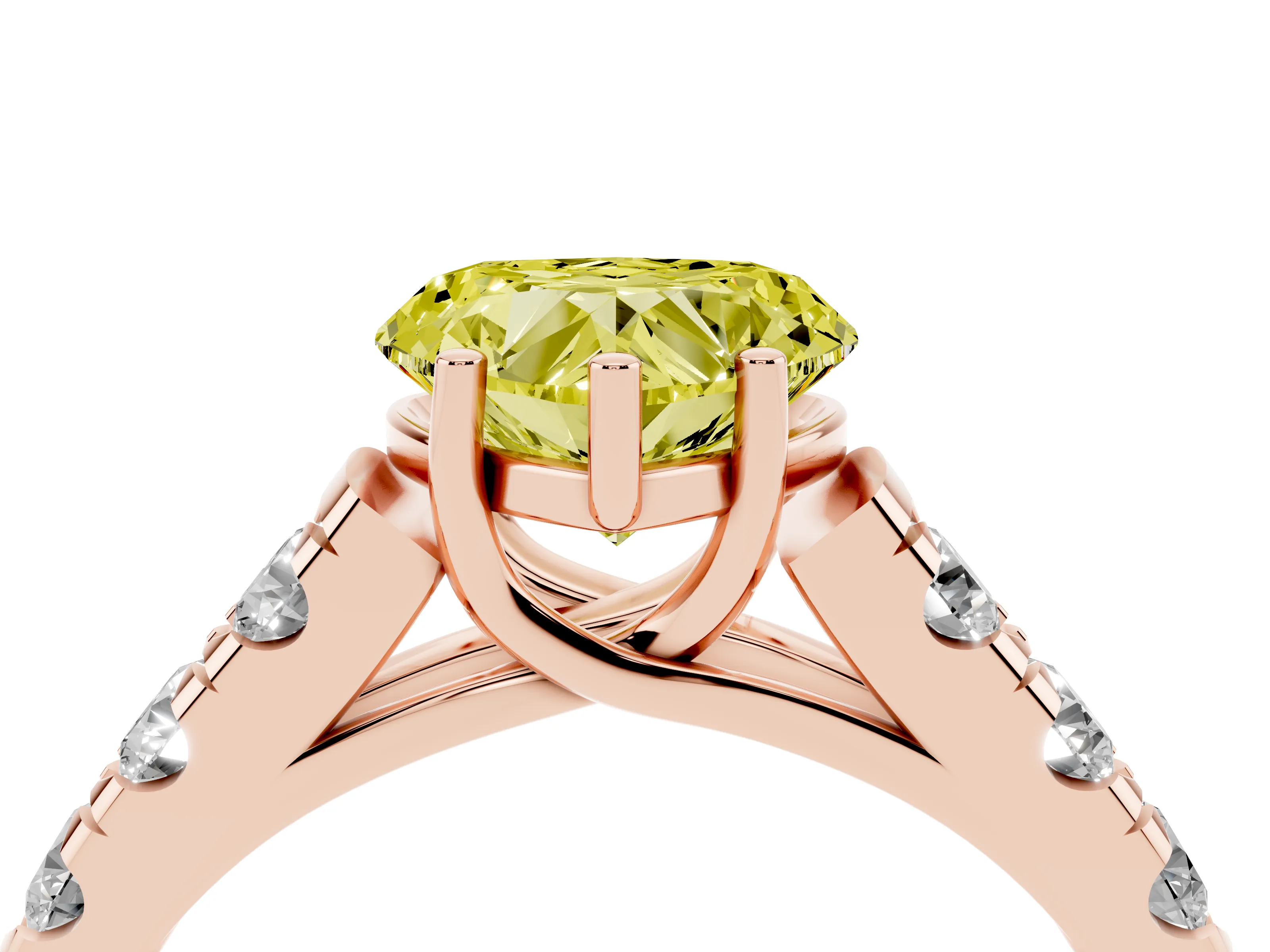 Fancy Yellow Heart Cut Diamond Solitaire Ring Set in Rose gold with Cut-Down Micro Pavé Band and Prong Setting