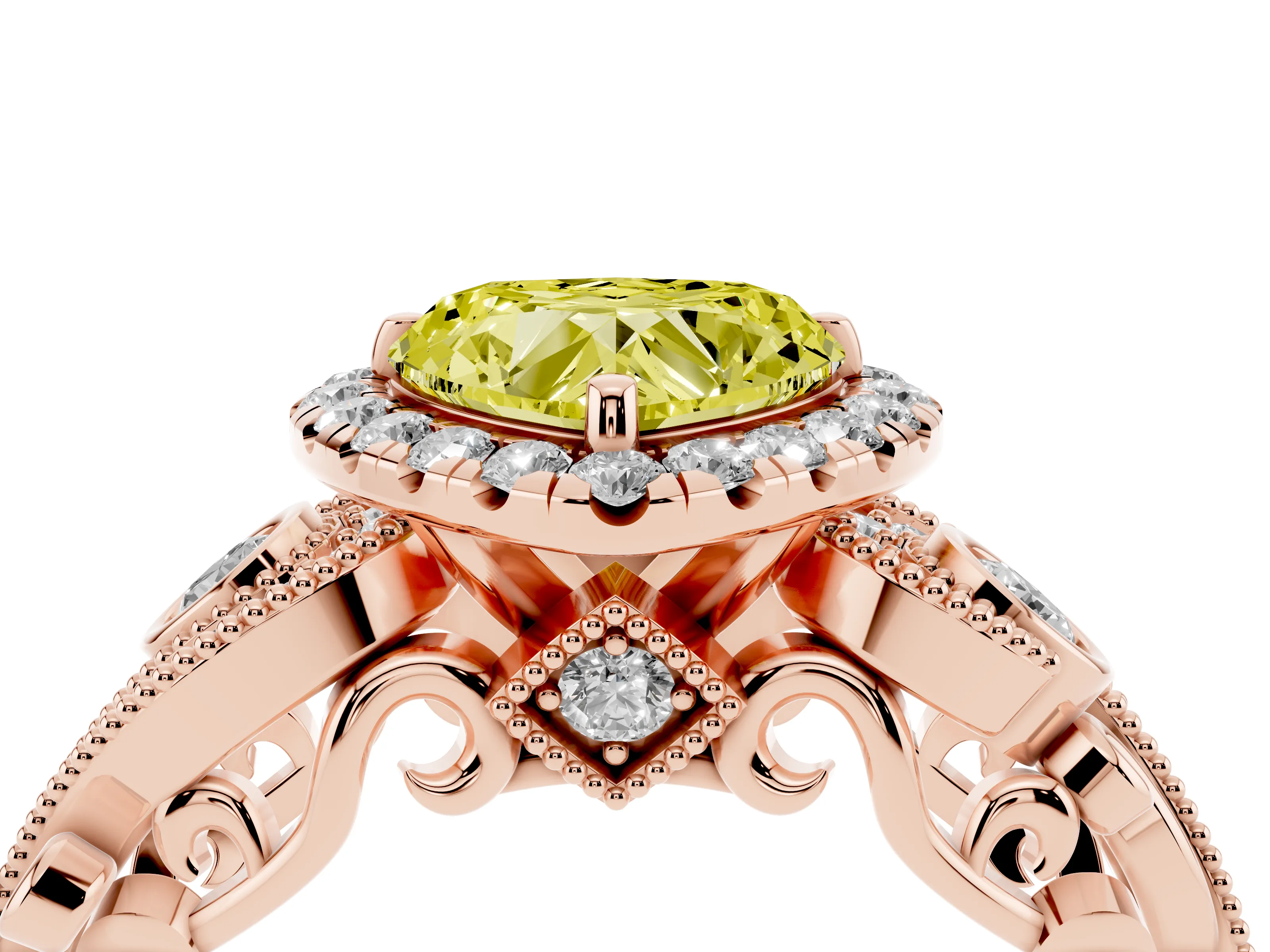 Fancy Yellow Heart Cut Diamond Halo Ring Set in Rose gold with Milgrain Pavé Band and Prong Setting