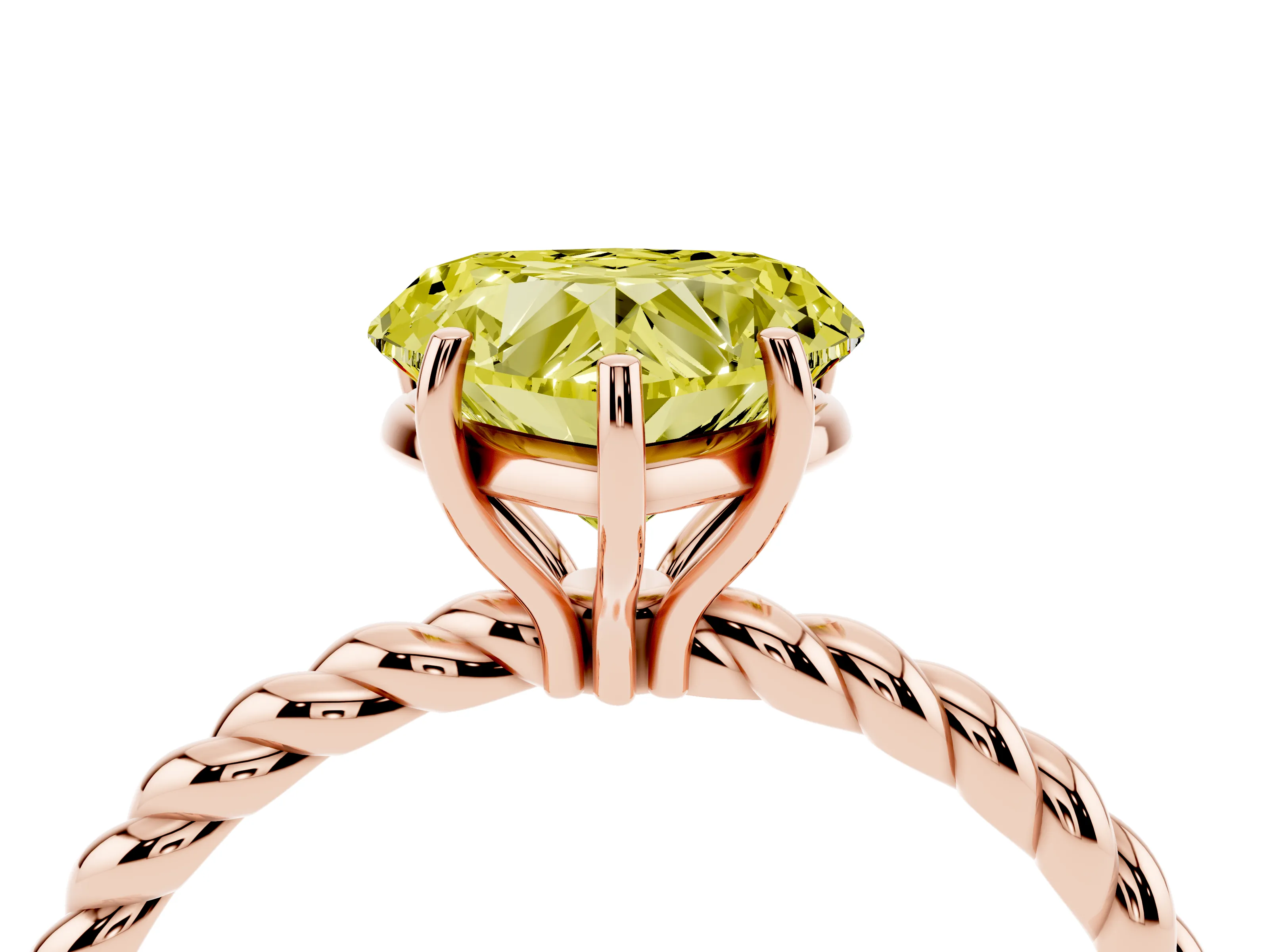 Fancy Yellow Heart Cut Diamond Solitaire Ring Set in Rose gold with Twist Band and Prong Setting