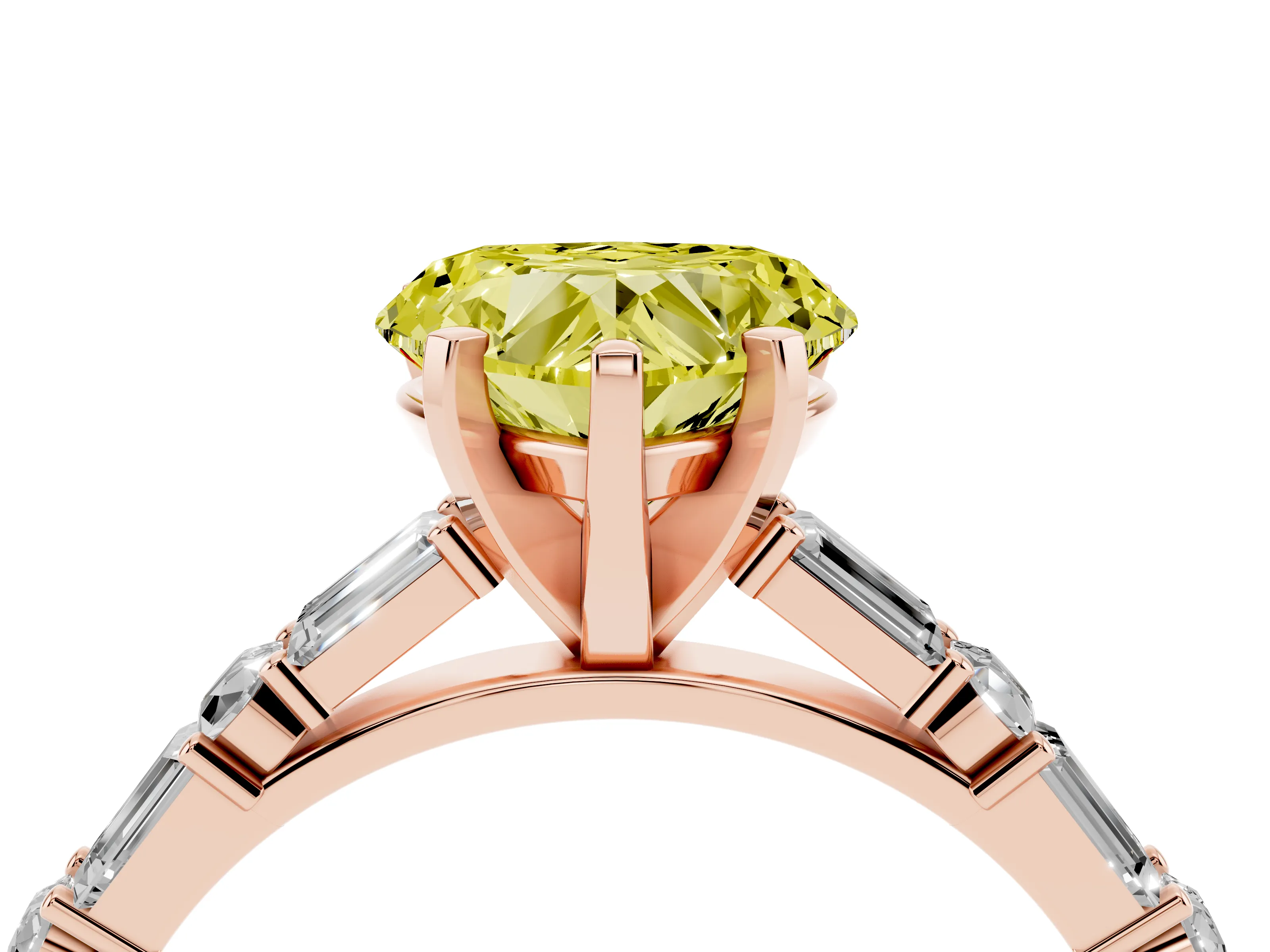 Fancy Yellow Heart Cut Diamond Solitaire Set in Rose gold with Side Baguettes and Channel Set Band