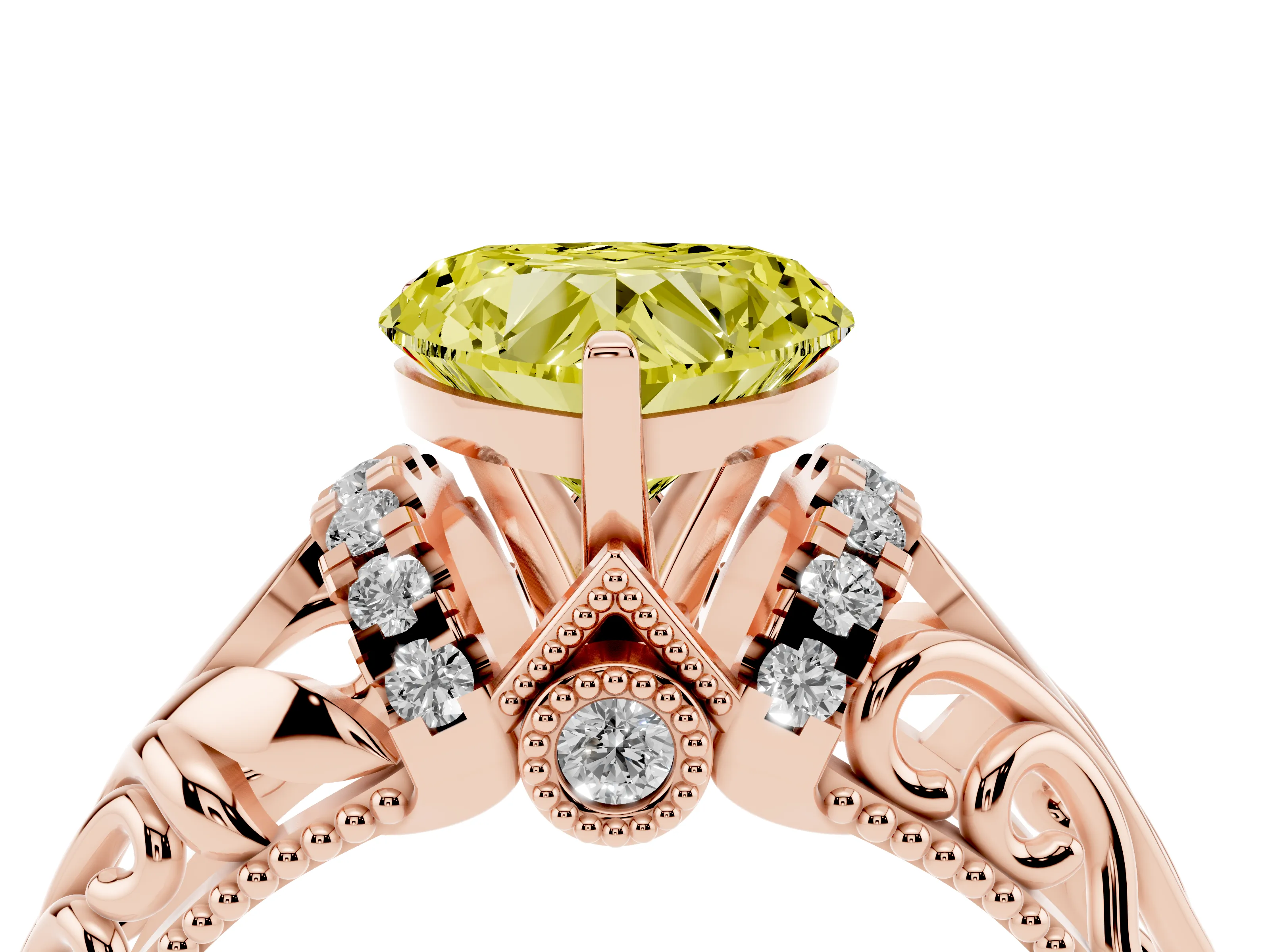 Fancy Yellow Heart Cut Diamond Filigree Halo Engagement Ring Set in Rose gold with Prong Setting