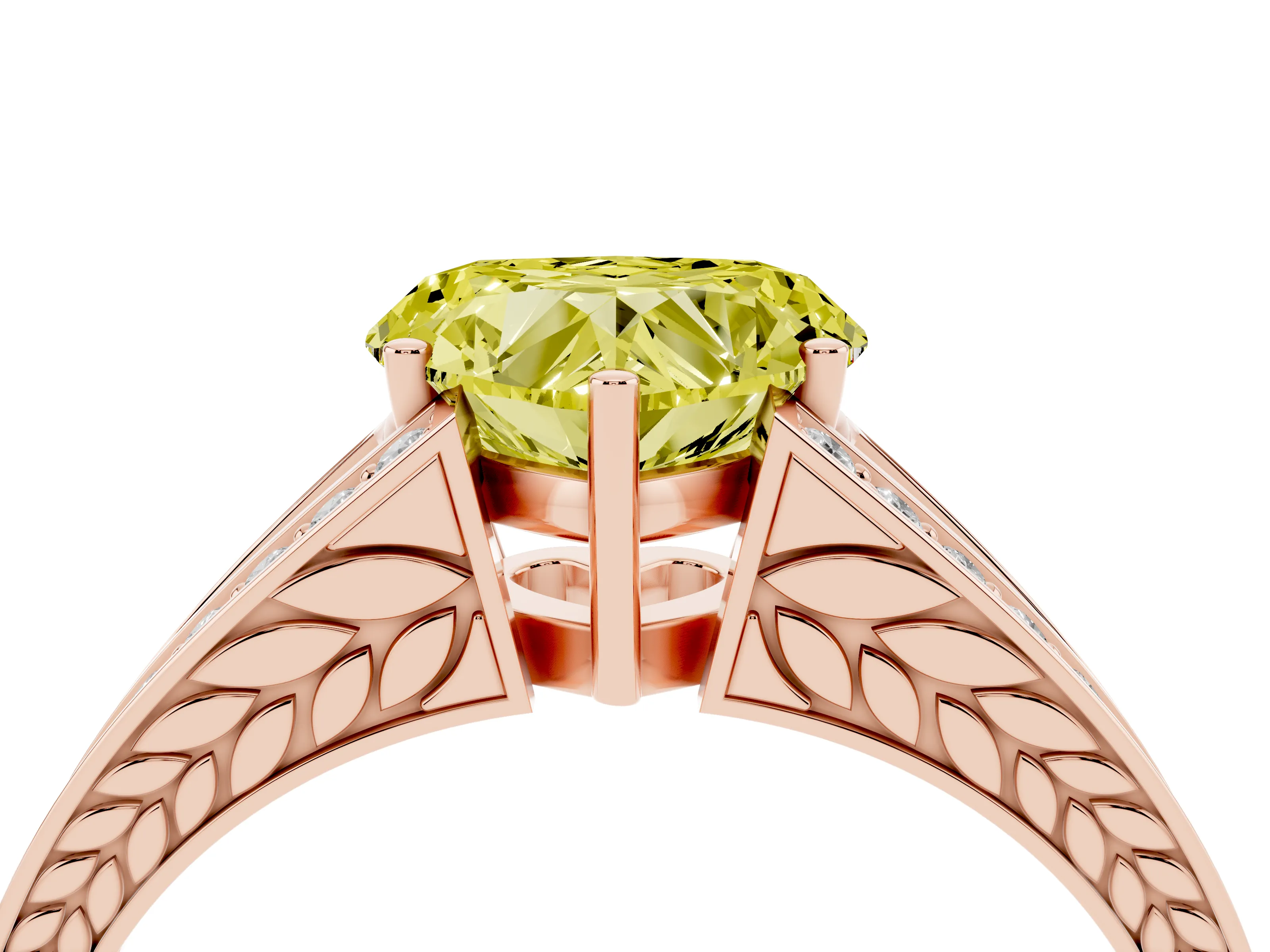 Fancy Yellow Heart Cut Diamond Split Shank Ring Set in Rose gold with Pavé Band and Prong Setting