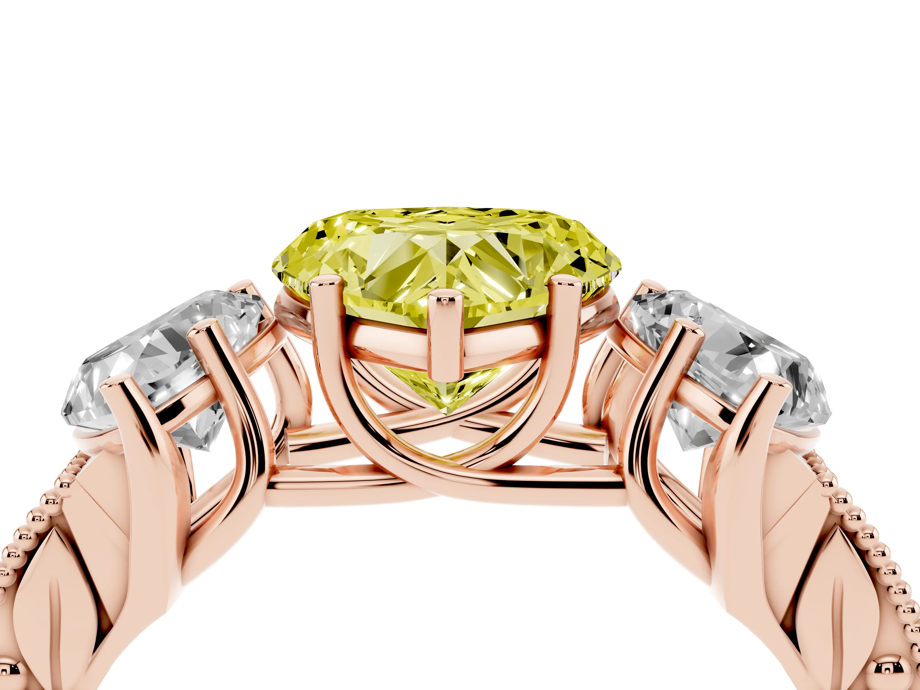 Fancy Yellow Heart Cut Diamond Three-Stone Engagement Ring Set in Rose gold with Milgrain Pavé Band