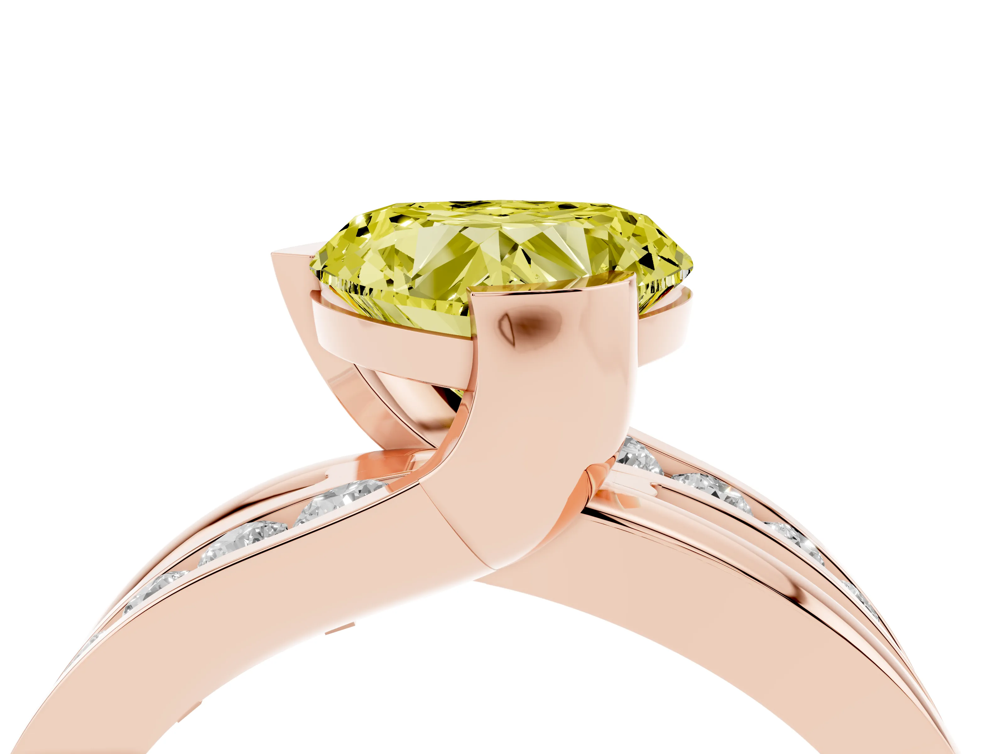 Fancy Yellow Heart Cut Diamond Solitaire Ring Set in Rose gold with Channel Set Split Shank and Tension Prongs