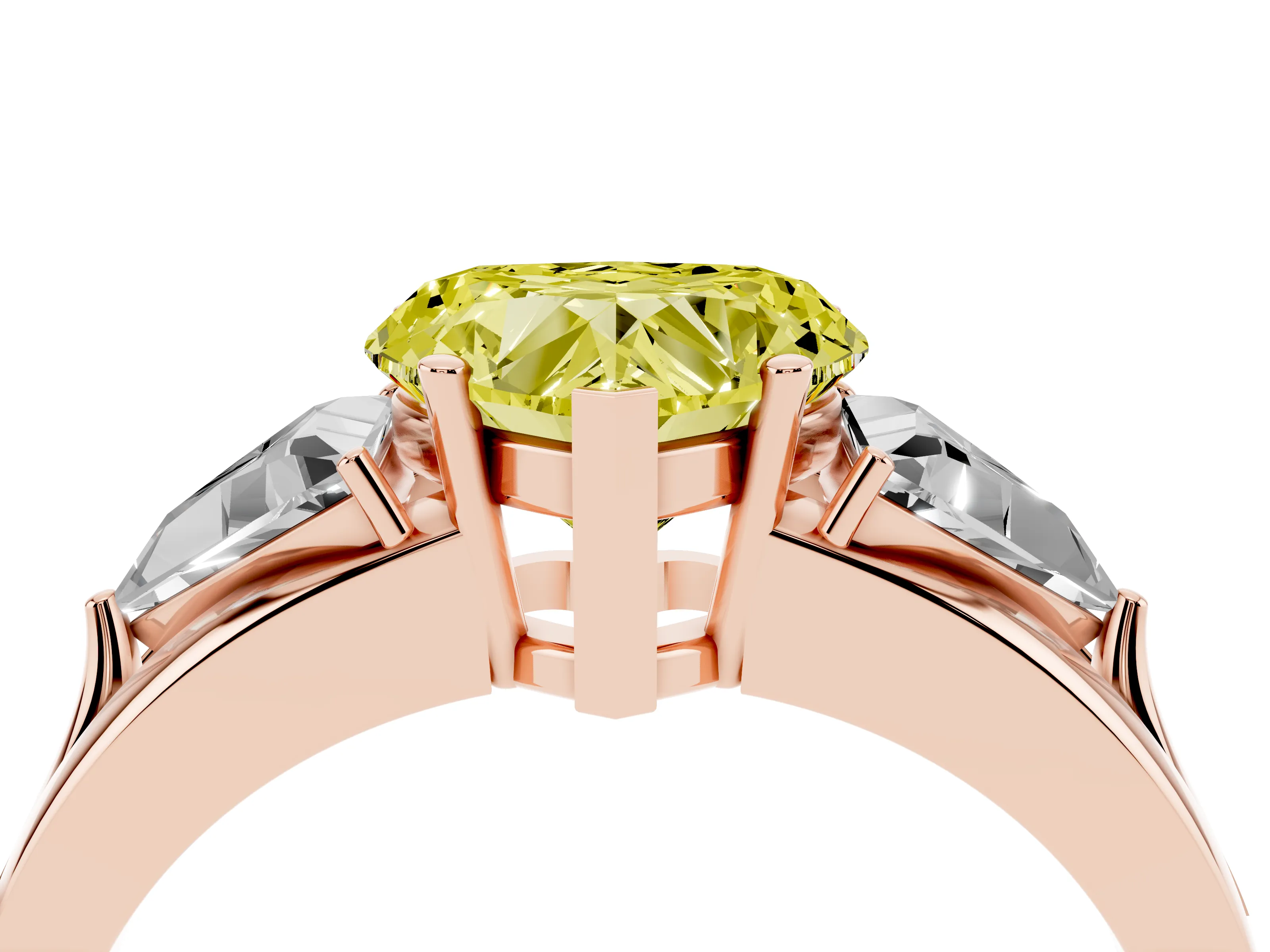 Fancy Yellow Heart Cut Diamond Three-Stone Ring Set in Rose gold with Trillion Side Stones and Split Shank